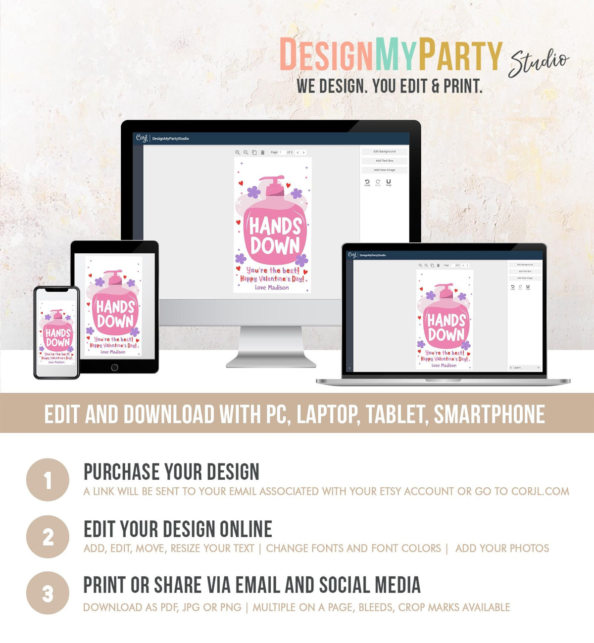 Editable Hands Down You Are The Best Valentines Day Gift Tag Hand Sanitizer Soap Favor Kids School Classroom Template Printable 0370