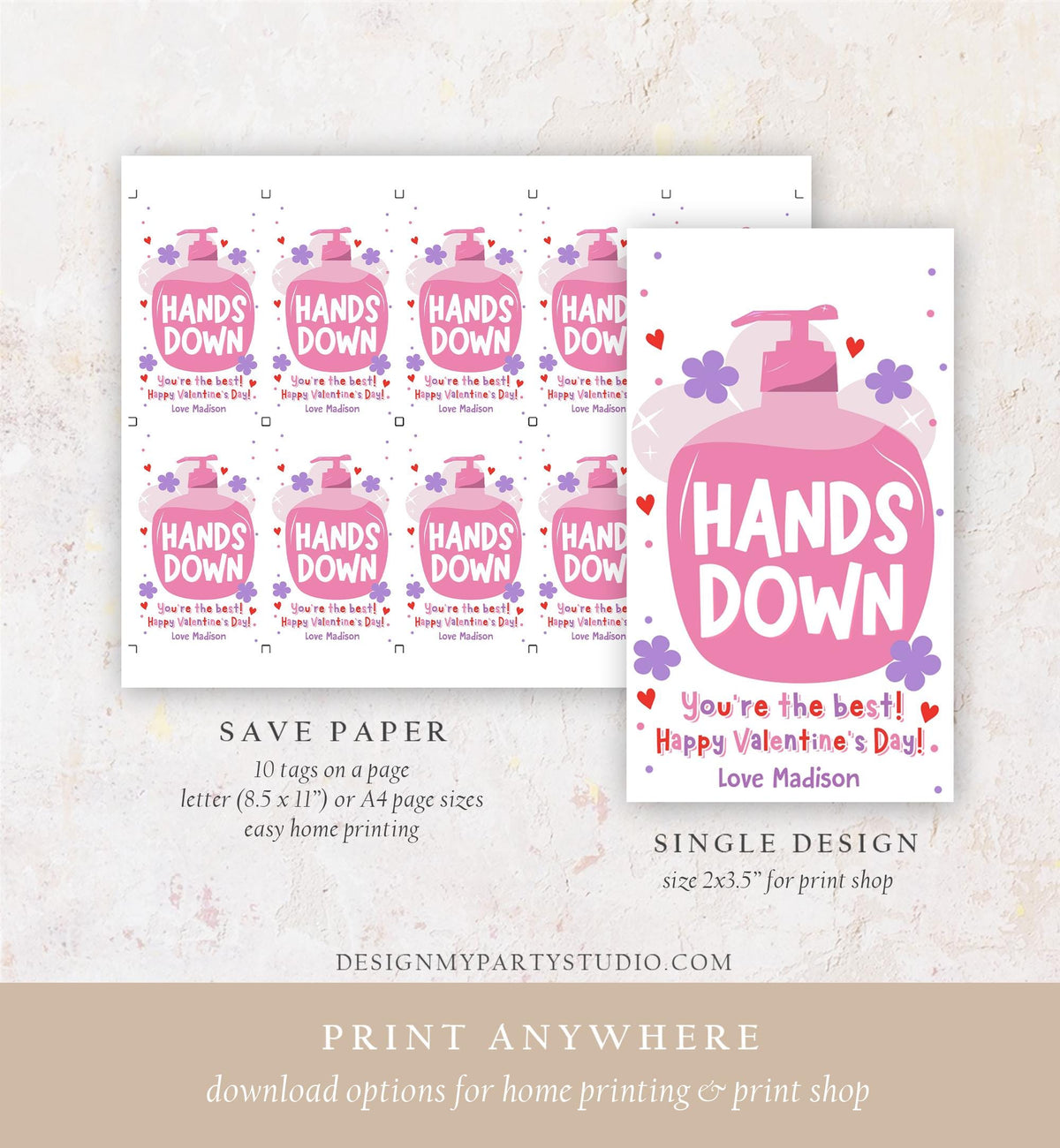 Editable Hands Down You Are The Best Valentines Day Gift Tag Hand Sanitizer Soap Favor Kids School Classroom Template Printable 0370