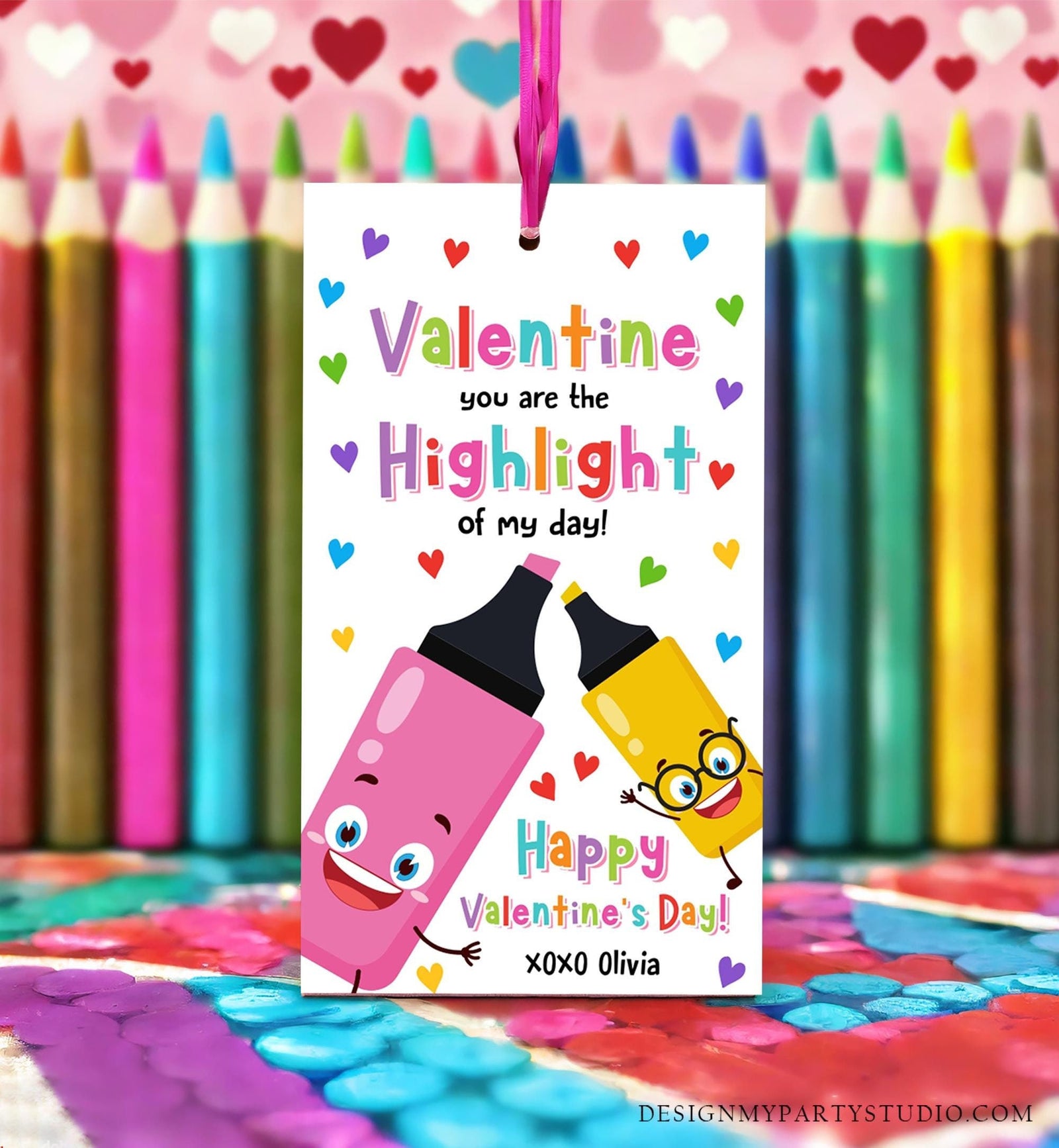 Editable Valentine You're the Highlight Valentines Day Gift Tag Markers Pen Highlighter Favor Kids School Classroom Template Printable 0370