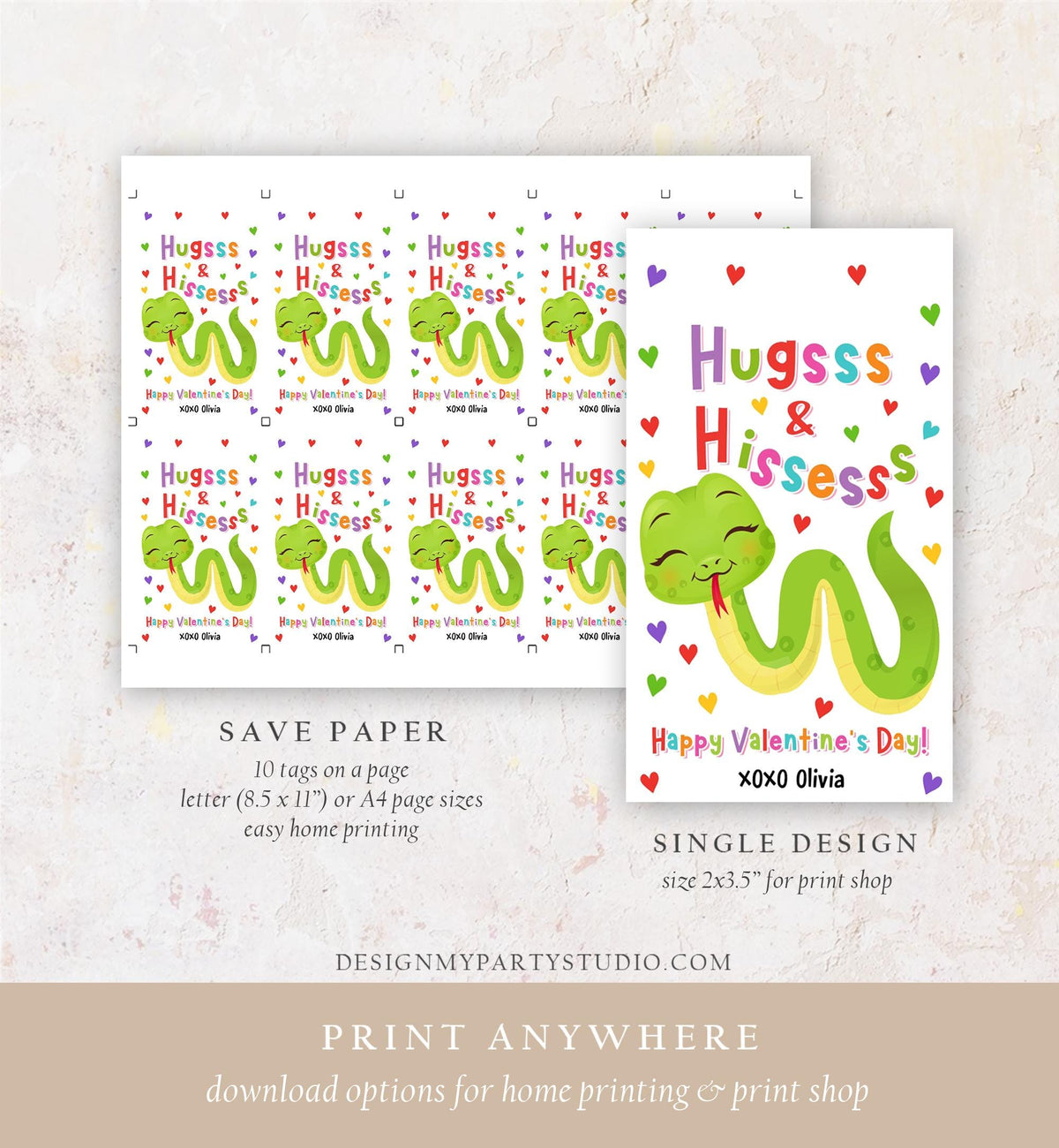 Editable Hugs and Hisses Valentines Day Gift Tag Valentine Snake Reptile Goody Bag Favor Kids School Classroom Template Printable 0370