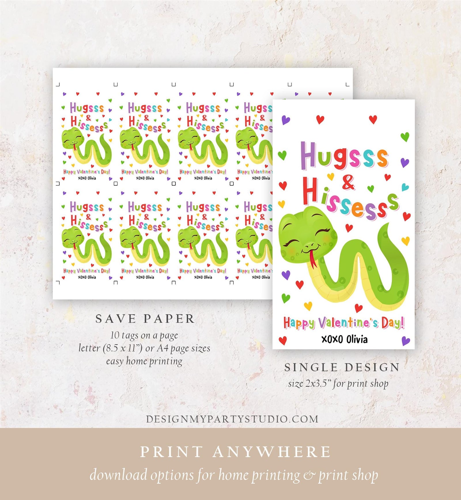 Editable Hugs and Hisses Valentines Day Gift Tag Valentine Snake Reptile Goody Bag Favor Kids School Classroom Template Printable 0370
