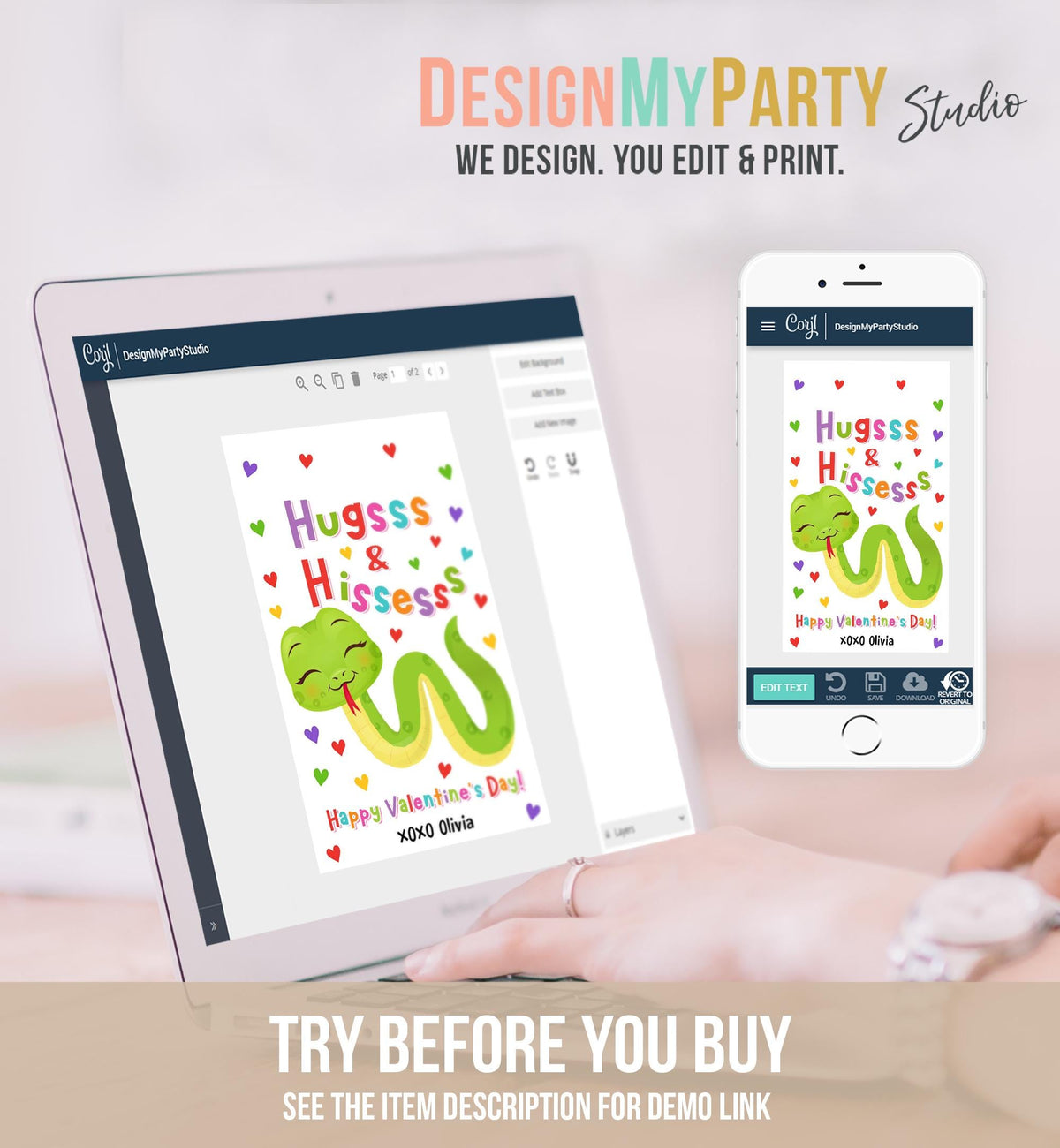 Editable Hugs and Hisses Valentines Day Gift Tag Valentine Snake Reptile Goody Bag Favor Kids School Classroom Template Printable 0370