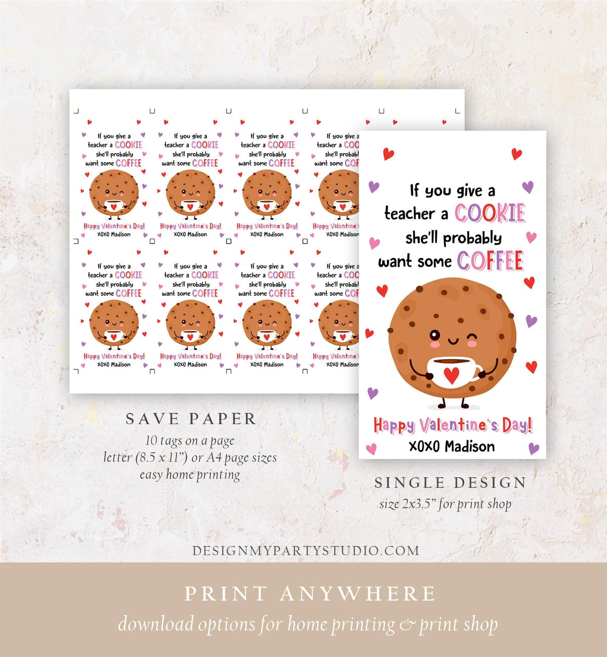 Editable If You Give A Teacher A Cookie Coffee Valentines Day Gift Tag Teacher Appreciation Favor School Classroom Template Printable 0370