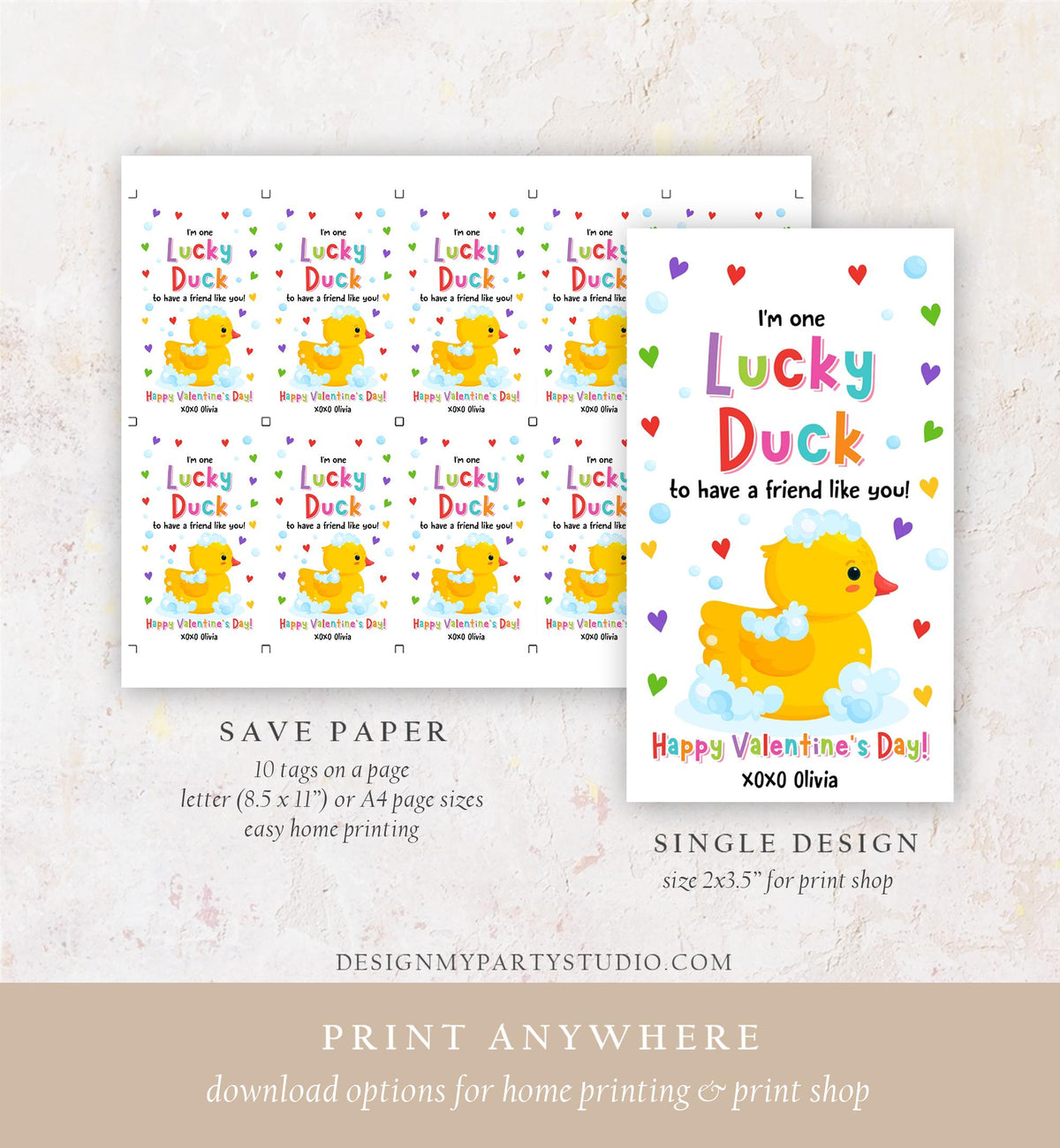 Editable One Lucky Duck Valentines Day Gift Tag Valentine Bath Rubber Duck Non Candy Favor Kids School Classroom Template Printable 0370