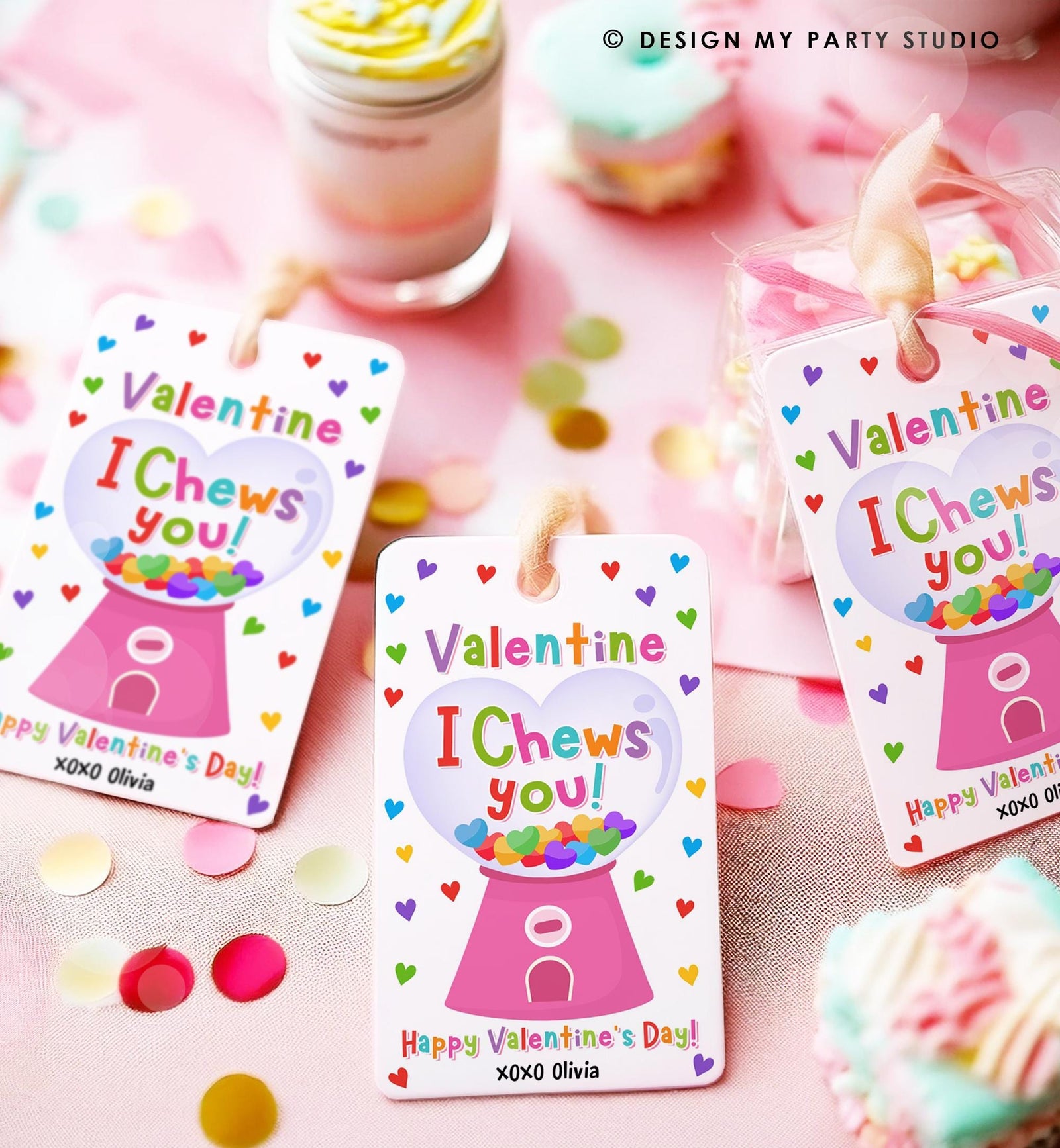 Editable I Chews You Valentines Day Gift Tag Valentine Girl Gumball Machine Bubble Gum Favor Kids School Classroom Template Printable 0370