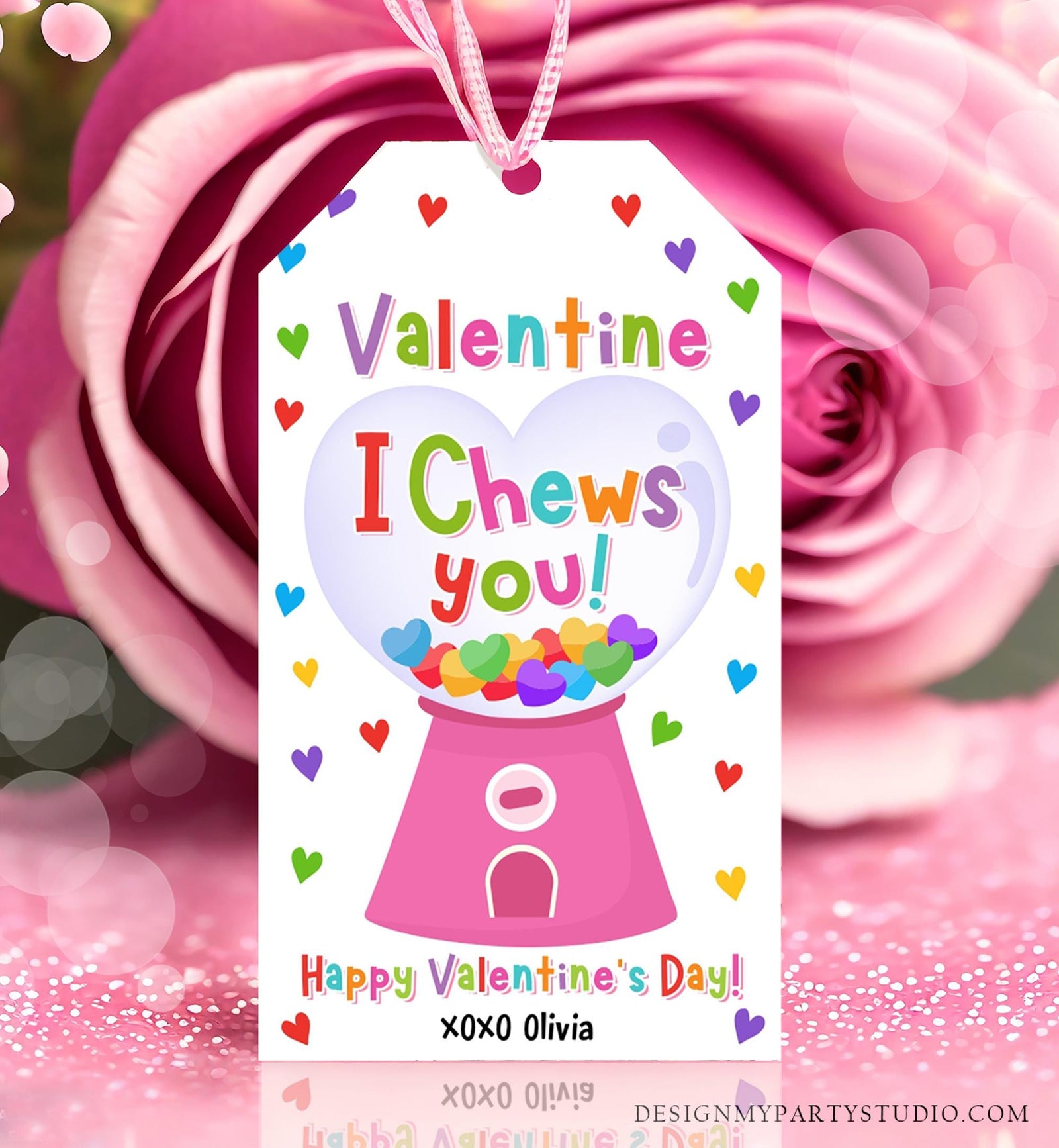 Editable I Chews You Valentines Day Gift Tag Valentine Girl Gumball Machine Bubble Gum Favor Kids School Classroom Template Printable 0370