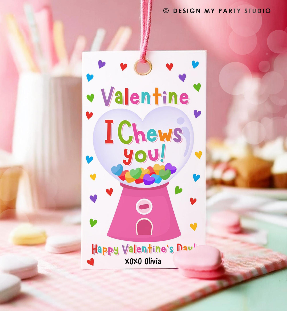 Editable I Chews You Valentines Day Gift Tag Valentine Girl Gumball Machine Bubble Gum Favor Kids School Classroom Template Printable 0370