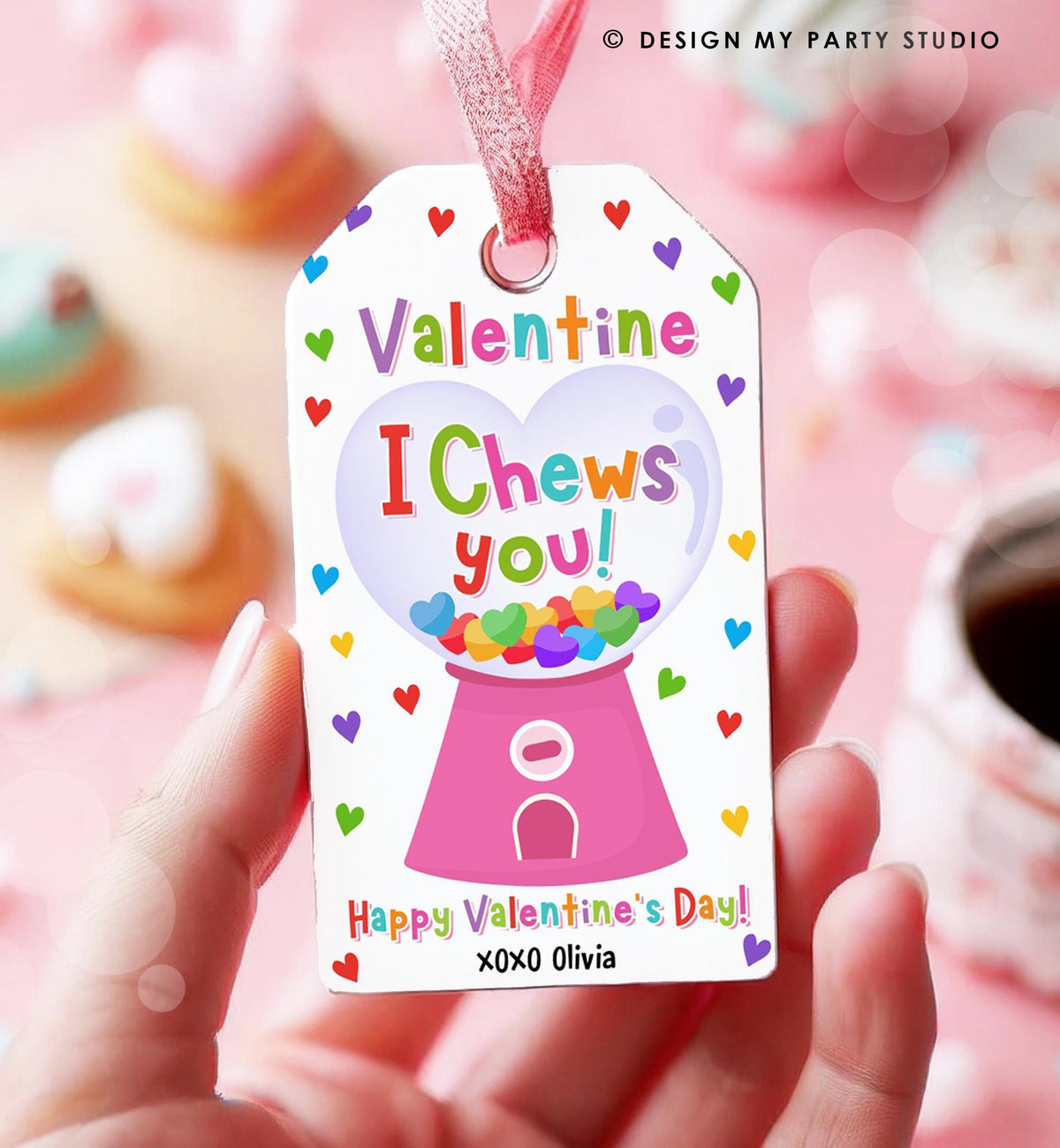 Editable I Chews You Valentines Day Gift Tag Valentine Girl Gumball Machine Bubble Gum Favor Kids School Classroom Template Printable 0370