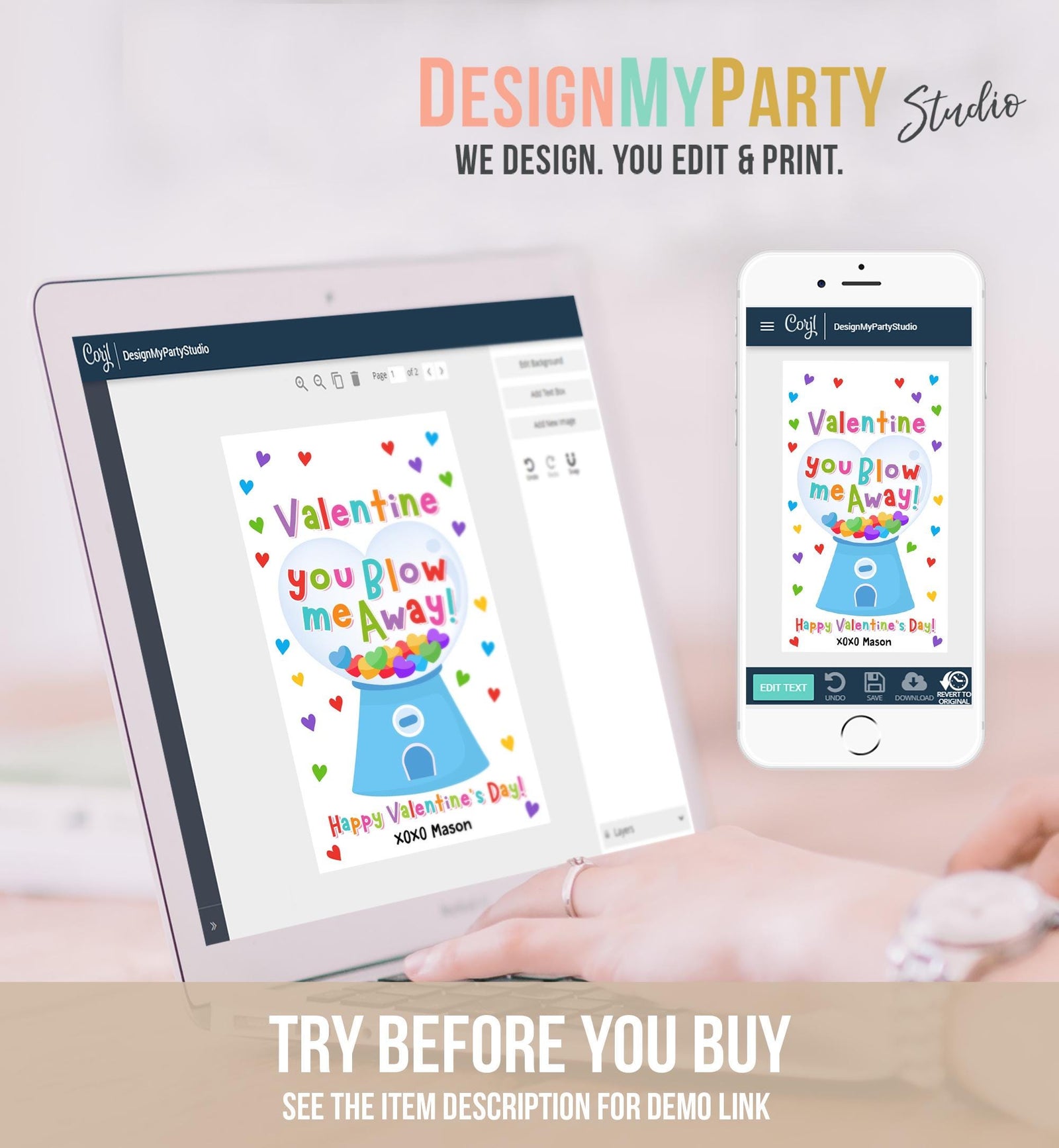 Editable Valentine You Blow Me Away Valentines Day Gift Tag Boy Gumball Machine Bubble Gum Kids School Classroom Template Printable 0370