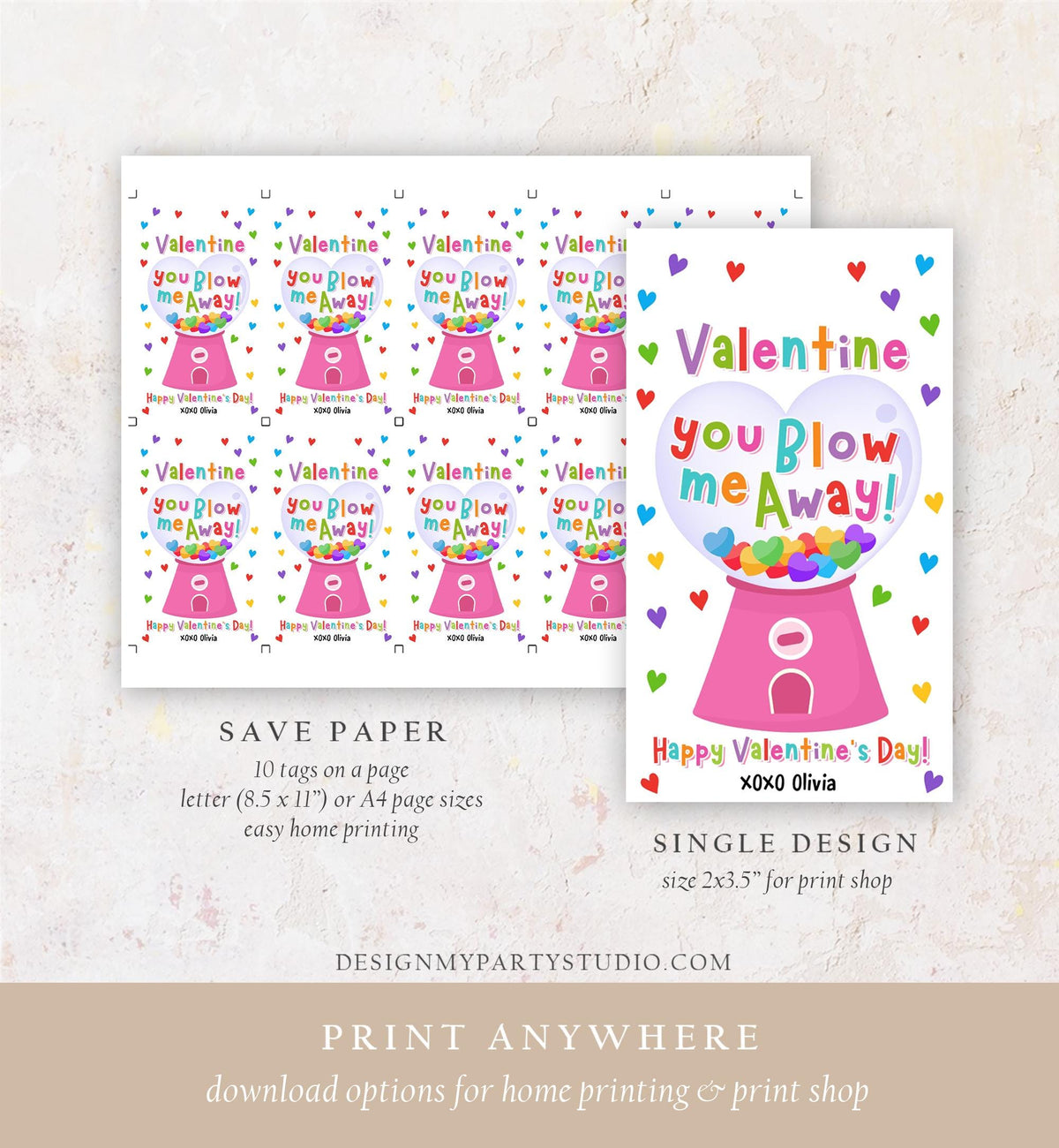 Editable Valentine You Blow Me Away Valentines Day Gift Tag Girl Gumball Machine Bubble Gum Kids School Classroom Template Printable 0370