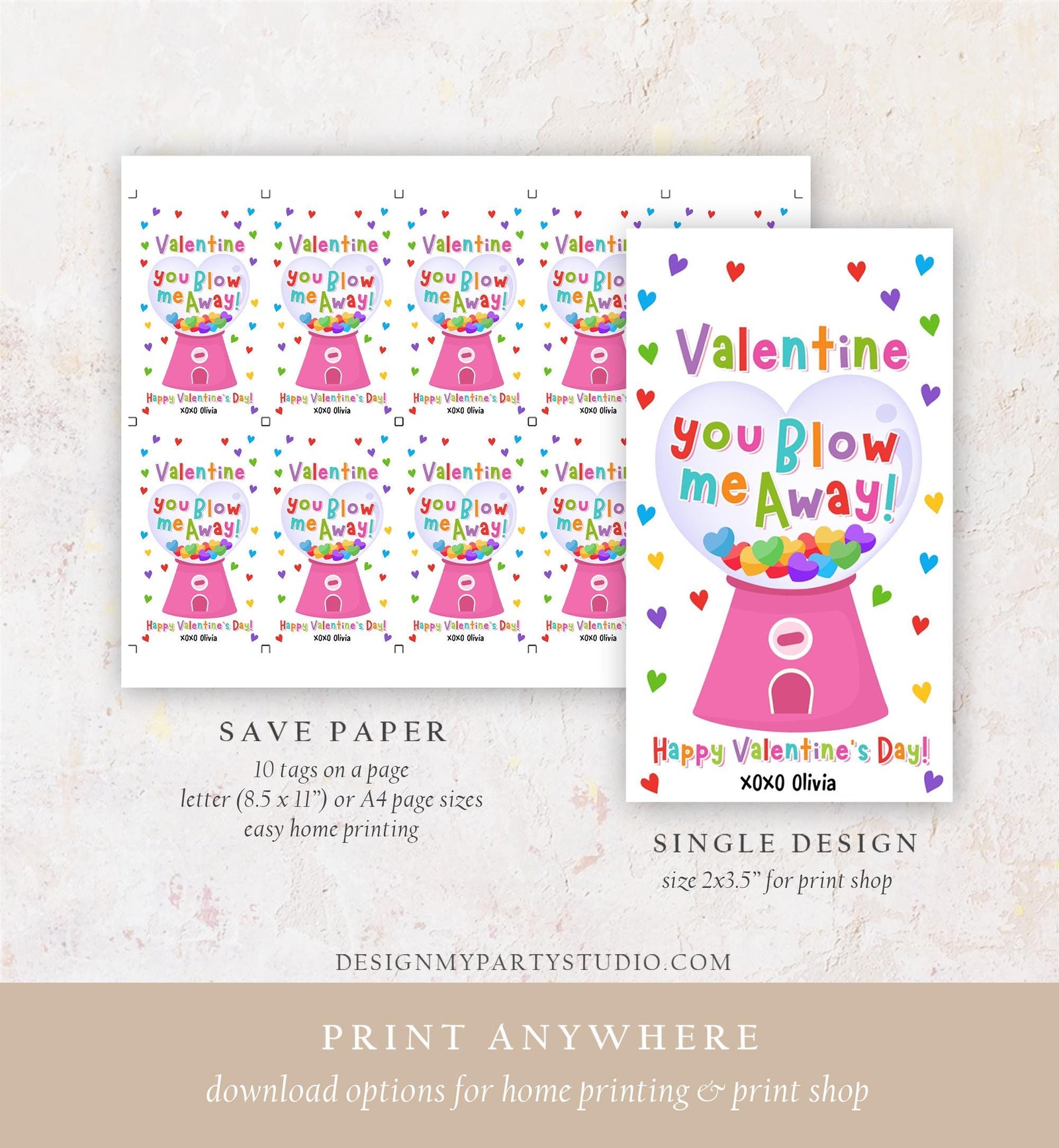 Editable Valentine You Blow Me Away Valentines Day Gift Tag Girl Gumball Machine Bubble Gum Kids School Classroom Template Printable 0370