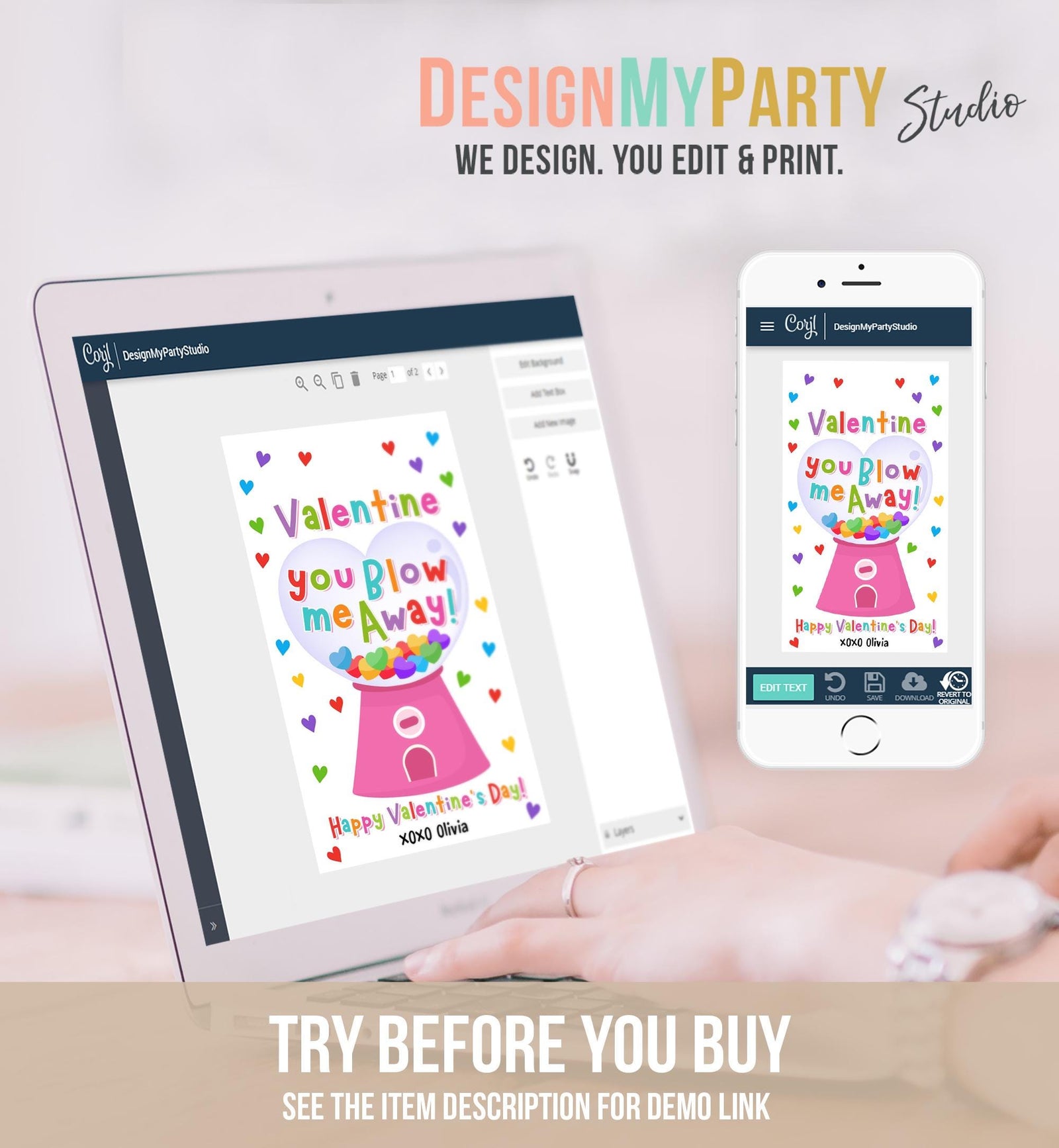 Editable Valentine You Blow Me Away Valentines Day Gift Tag Girl Gumball Machine Bubble Gum Kids School Classroom Template Printable 0370