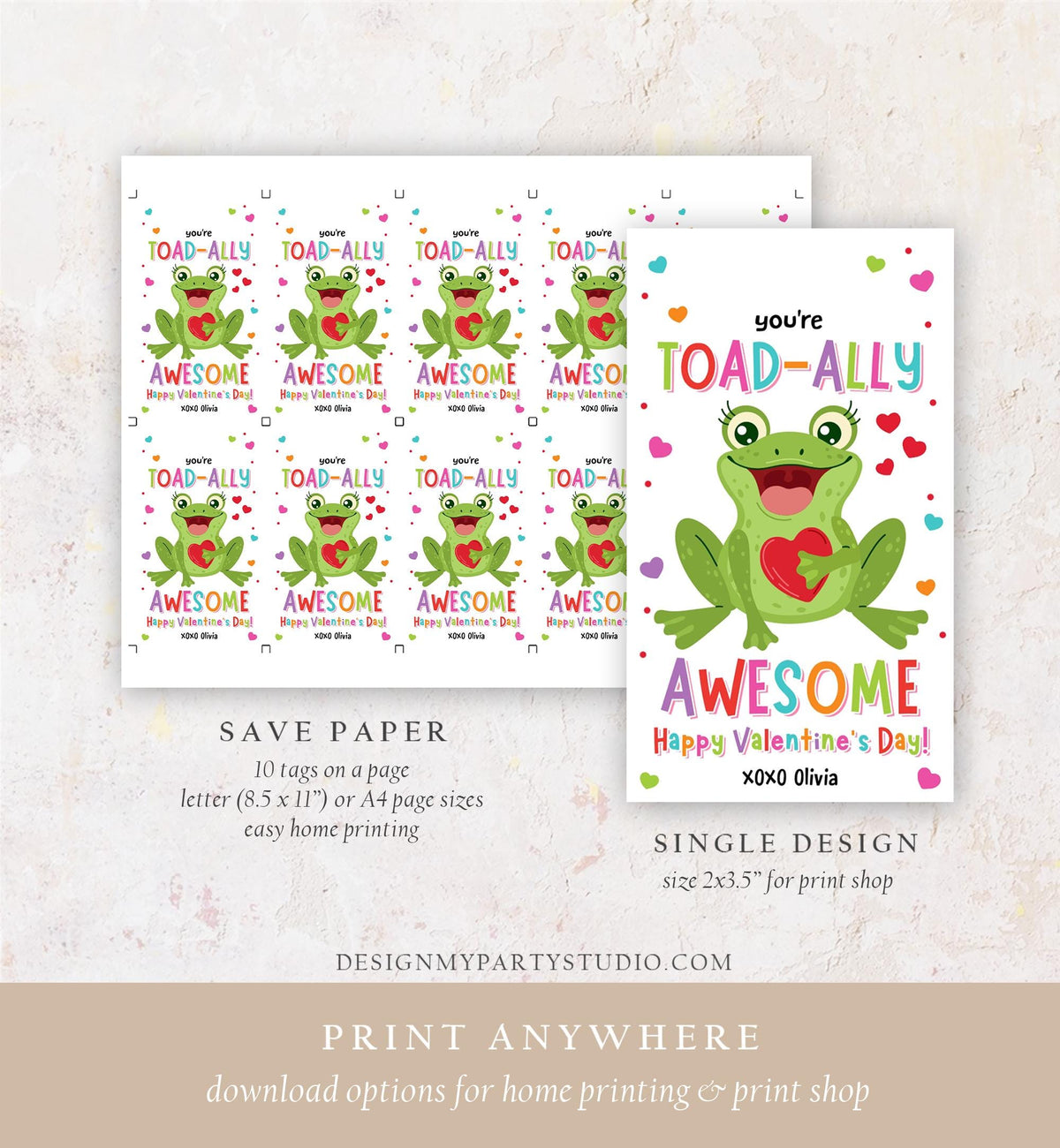 Editable You&#39;re Toad-Ally Awesome Valentines Day Gift Tag Valentine Frog Toad Goody Bag Favor Kids School Classroom Template Printable 0370