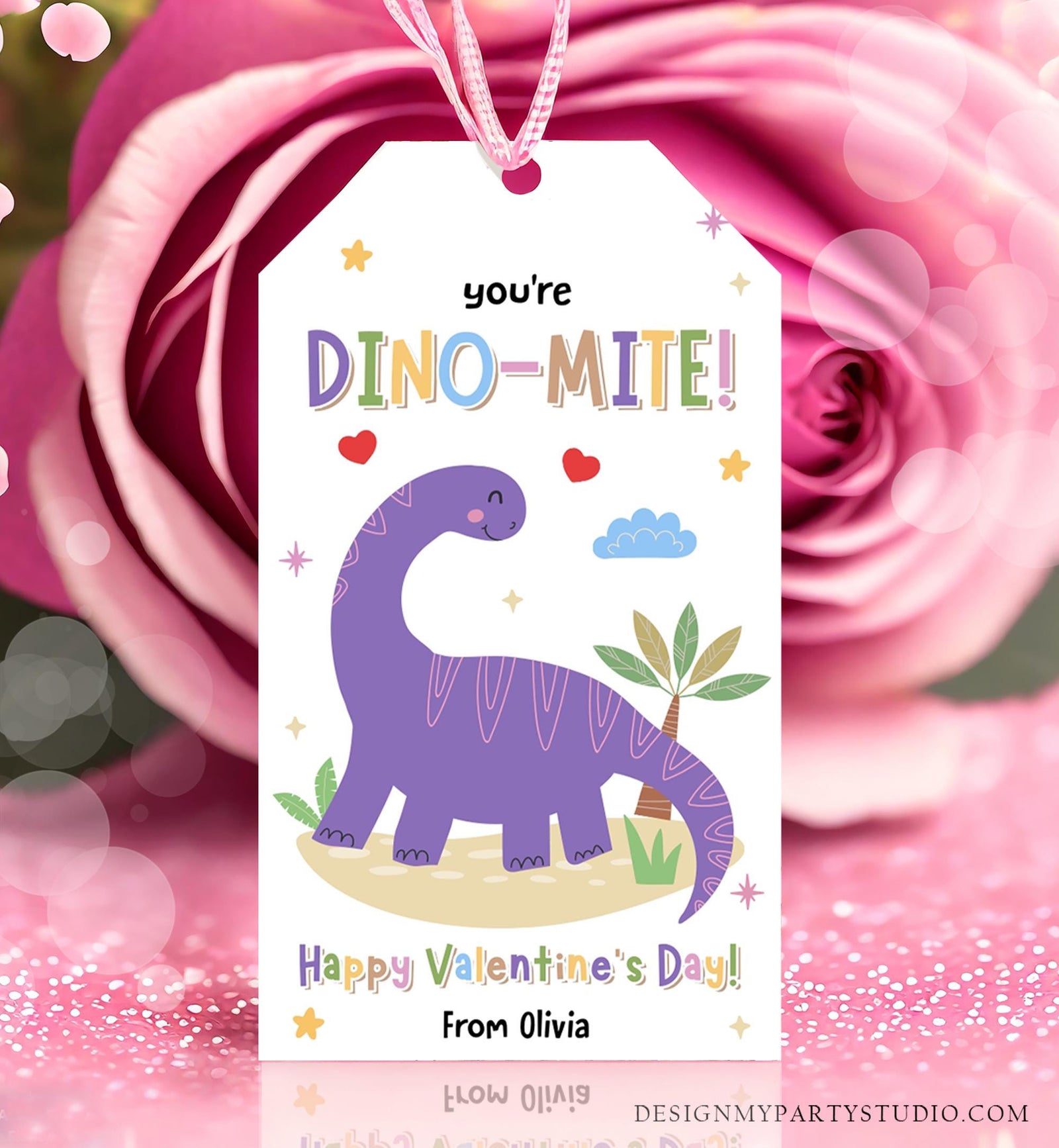 Editable You're Dino-Mite Valentines Day Gift Tag Dinosaur Dino Dinomite Card Favor Kids School Classroom Template Printable 0370