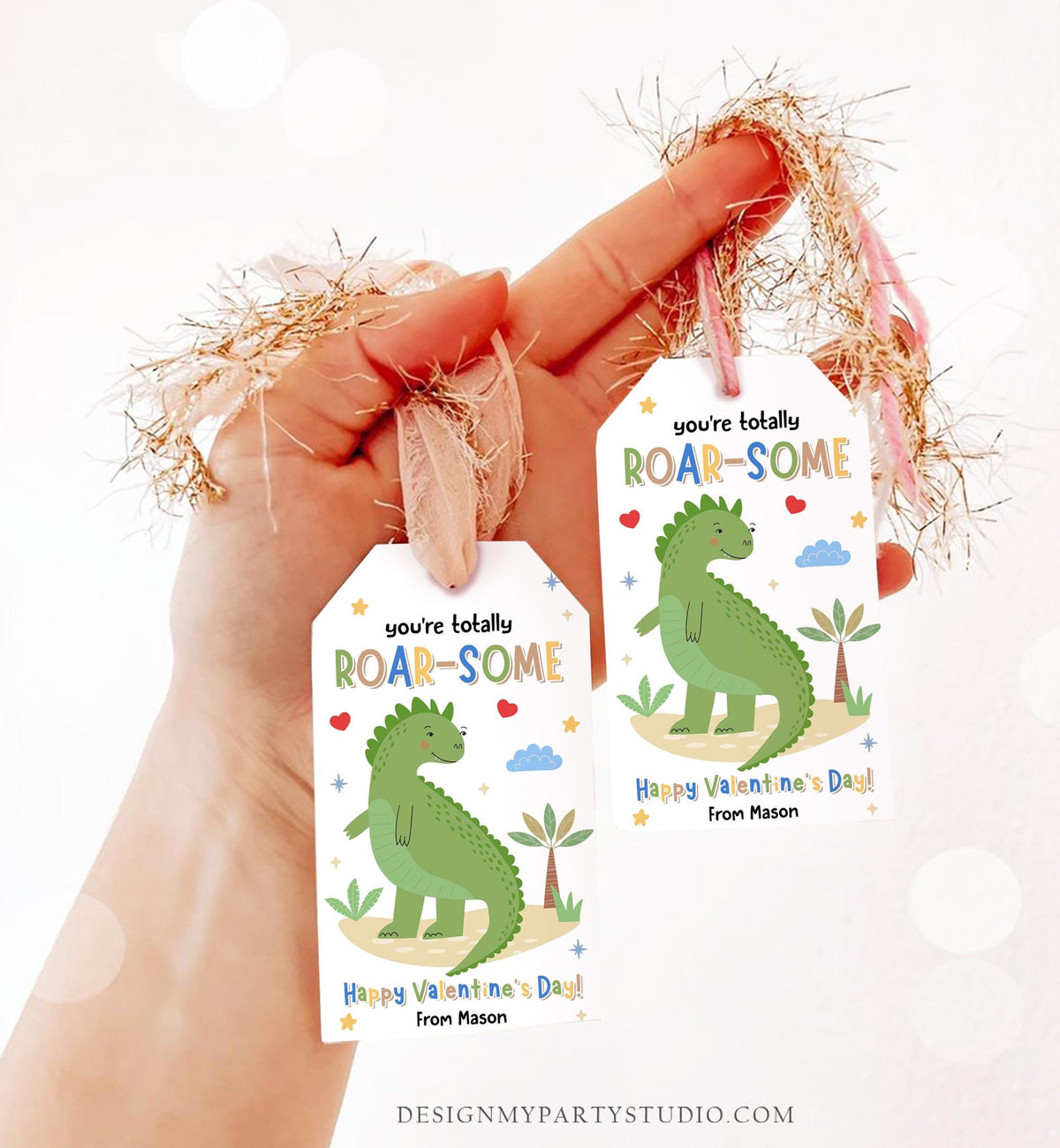 Editable Roar-Some Valentines Day Gift Tag Dinosaur Dino T-Rex Rawr Totally Roarsome Card Kids School Classroom Template Printable 0370