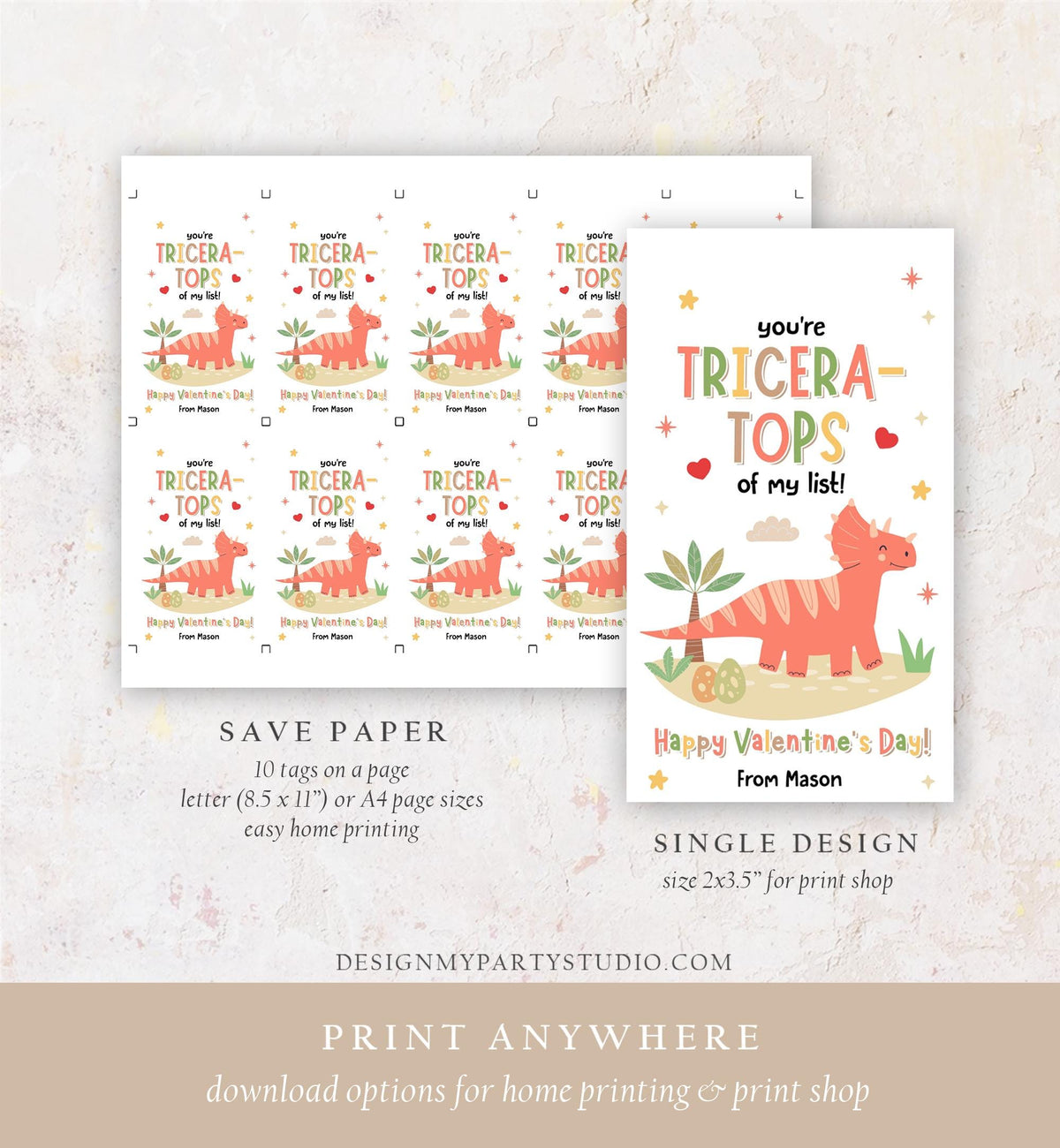 Editable You&#39;re Tricera-Tops Valentines Day Gift Tag Dinosaur Dino Triceratops Favor Card Kids School Classroom Template Printable 0370