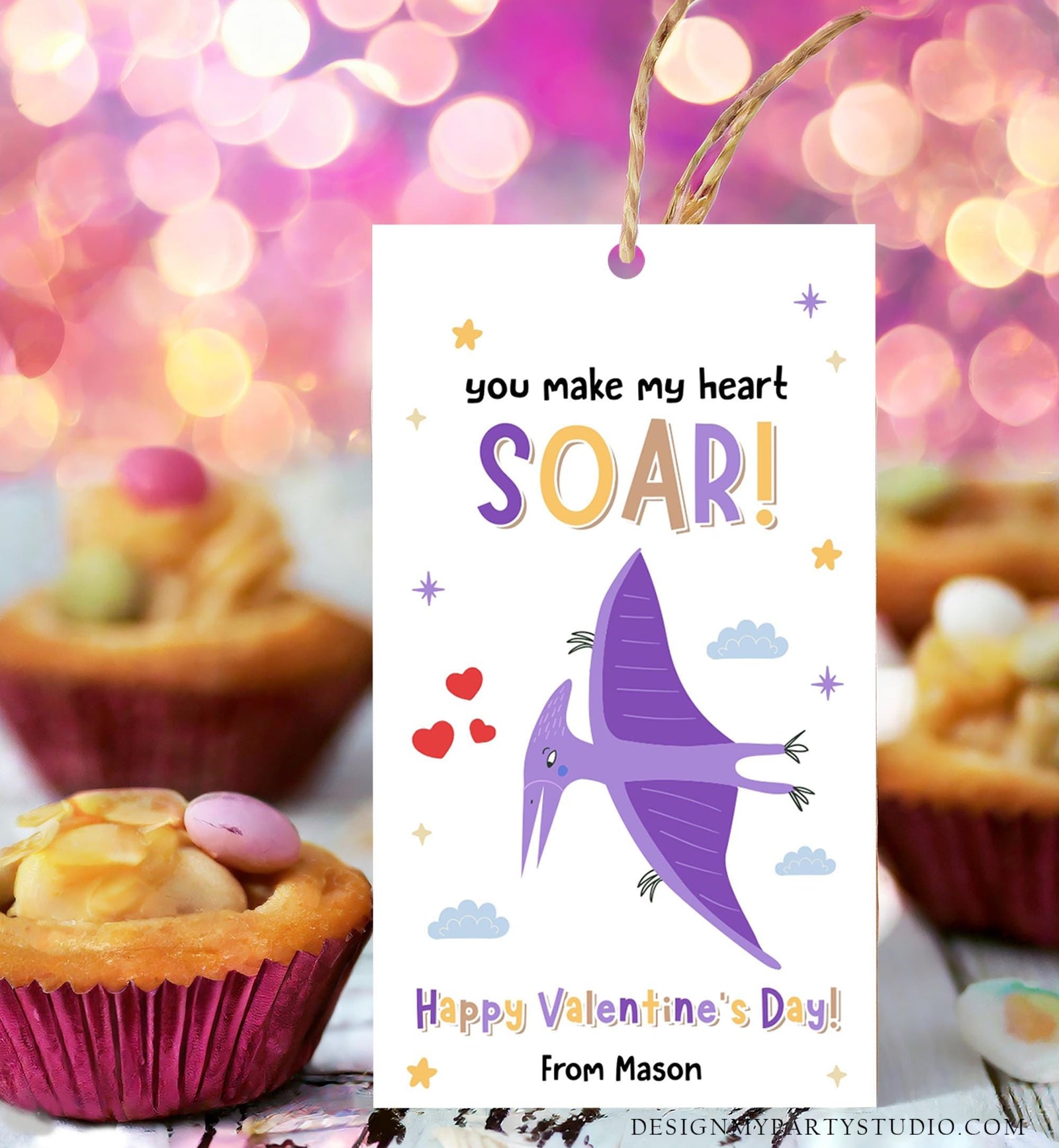 Editable You Make My Heart Soar Valentines Day Gift Tag Flying Dinosaur Dino Pterosaurs Card Kids School Classroom Template Printable 0370
