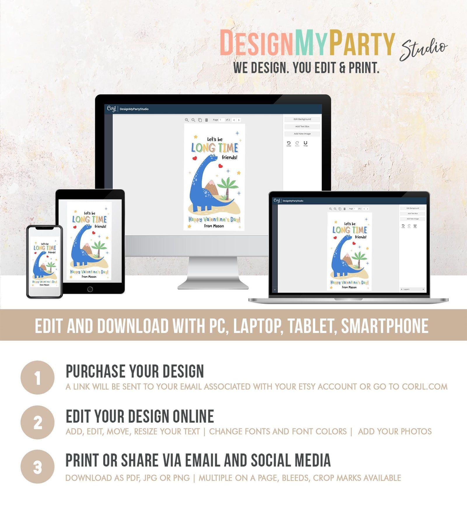 Editable Let's be Long Time Friends Valentines Day Gift Tag Dinosaur Dino Brachiosaurus Card Kids School Classroom Template Printable 0370