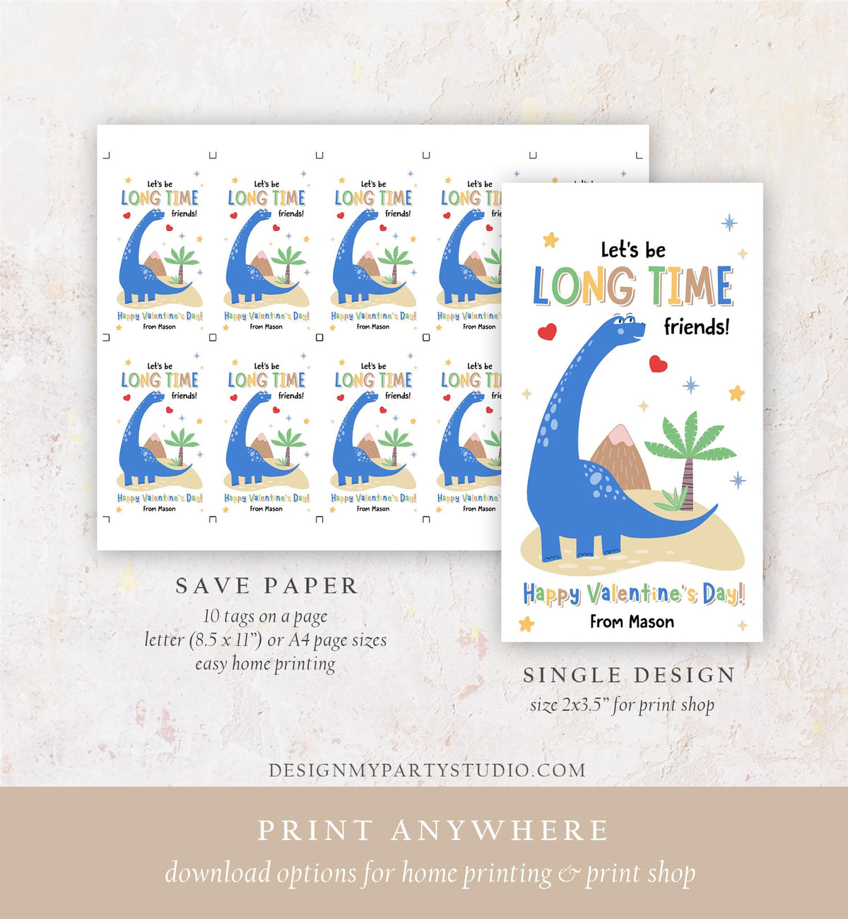 Editable Let&#39;s be Long Time Friends Valentines Day Gift Tag Dinosaur Dino Brachiosaurus Card Kids School Classroom Template Printable 0370