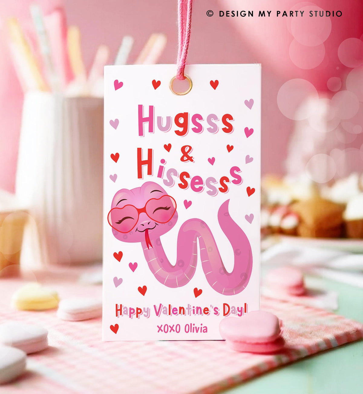 Editable Hugs and Hisses Valentines Day Gift Tag Valentine Snake Reptile Pink Girl Bag Favor Kids School Classroom Template Printable 0370