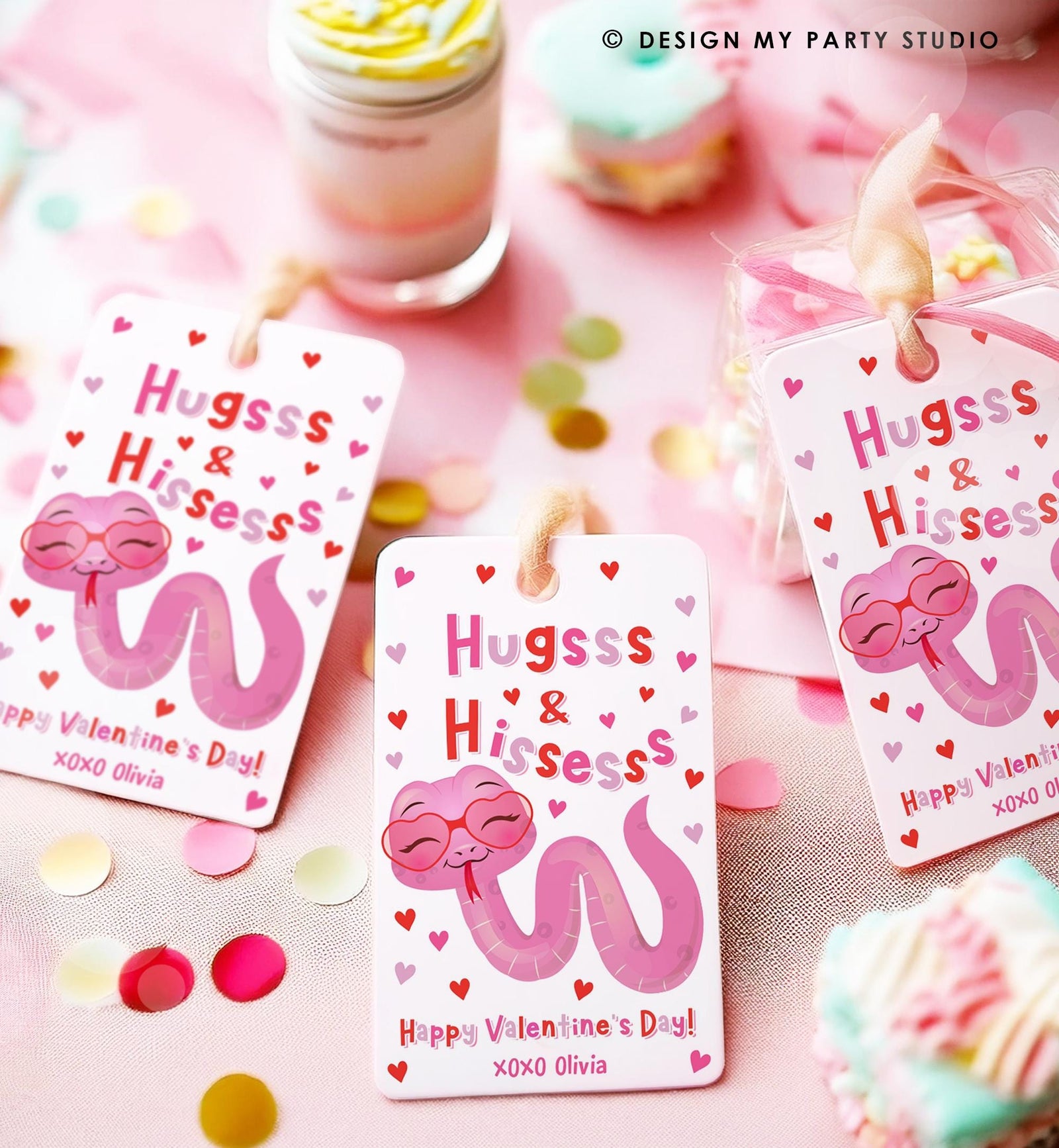 Editable Hugs and Hisses Valentines Day Gift Tag Valentine Snake Reptile Pink Girl Bag Favor Kids School Classroom Template Printable 0370