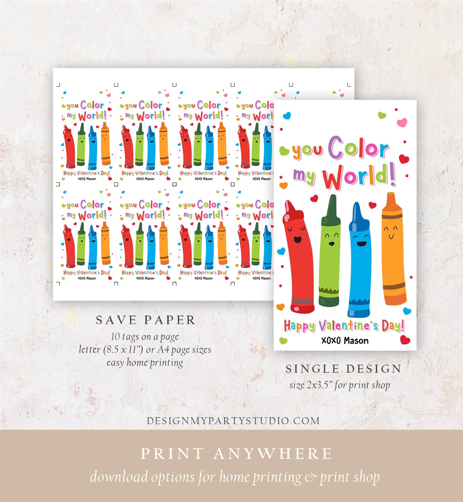 Editable You Color My World Crayon Valentines Day Gift Tag Valentine Paint Colors Bag Favor Kids School Classroom Template Printable 0370