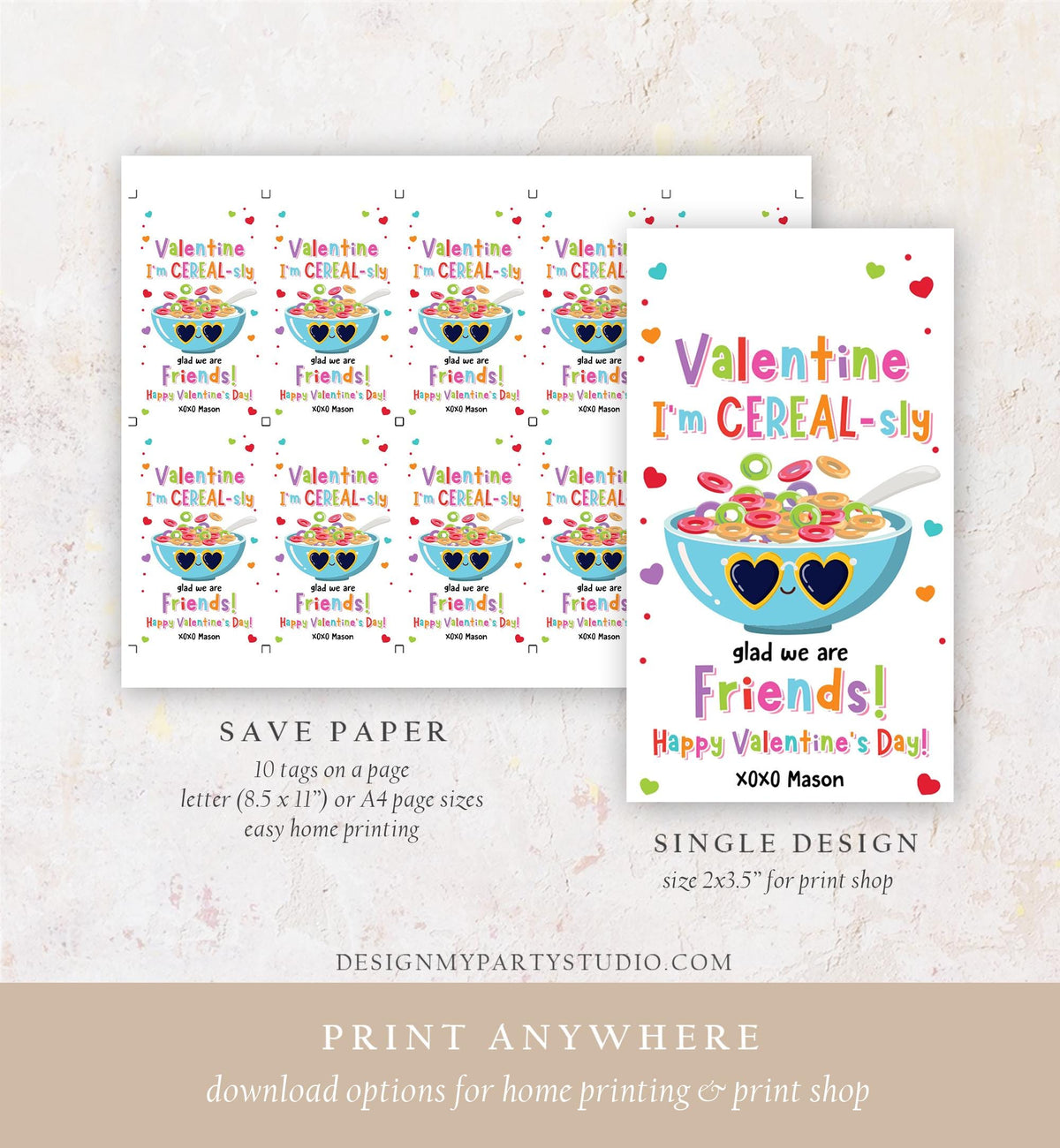 Editable I&#39;m Cereal-Sly Glad We Are Friends Valentines Day Gift Tag Valentine Breakfast Cereal Kids School Classroom Template Printable 0370