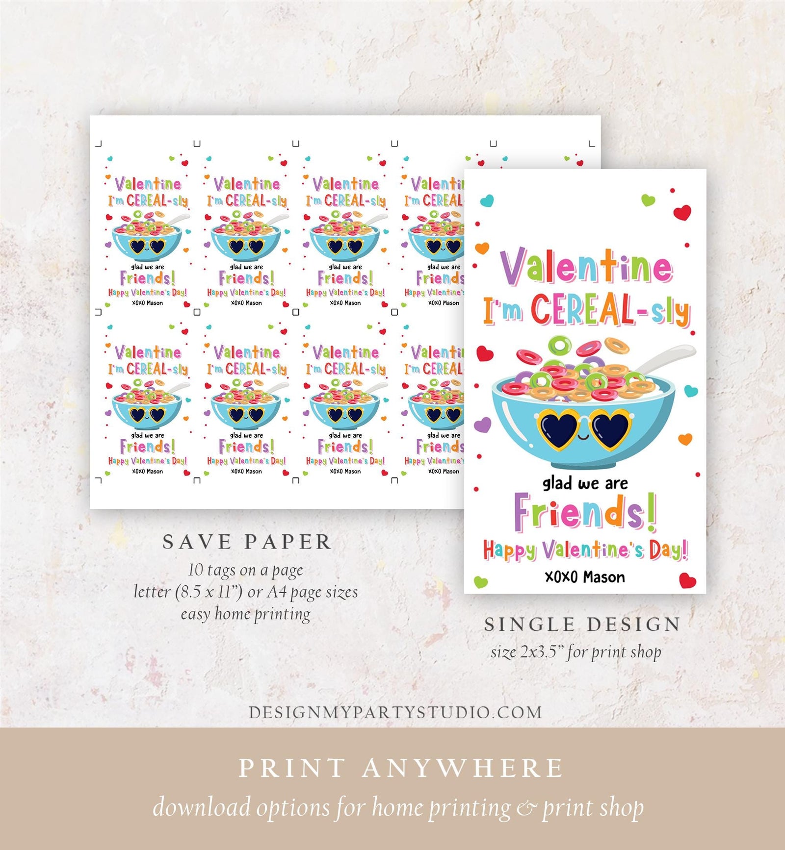 Editable I'm Cereal-Sly Glad We Are Friends Valentines Day Gift Tag Valentine Breakfast Cereal Kids School Classroom Template Printable 0370