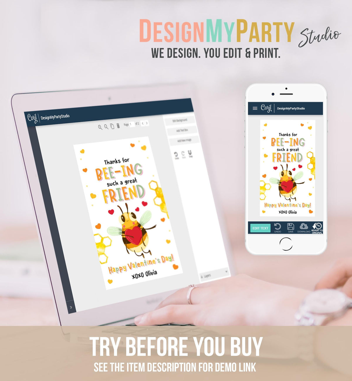 Editable Thanks for Bee-ing such a great Friend Valentines Day Gift Tag Valentine Bee Honey Kids School Classroom Template Printable 0370