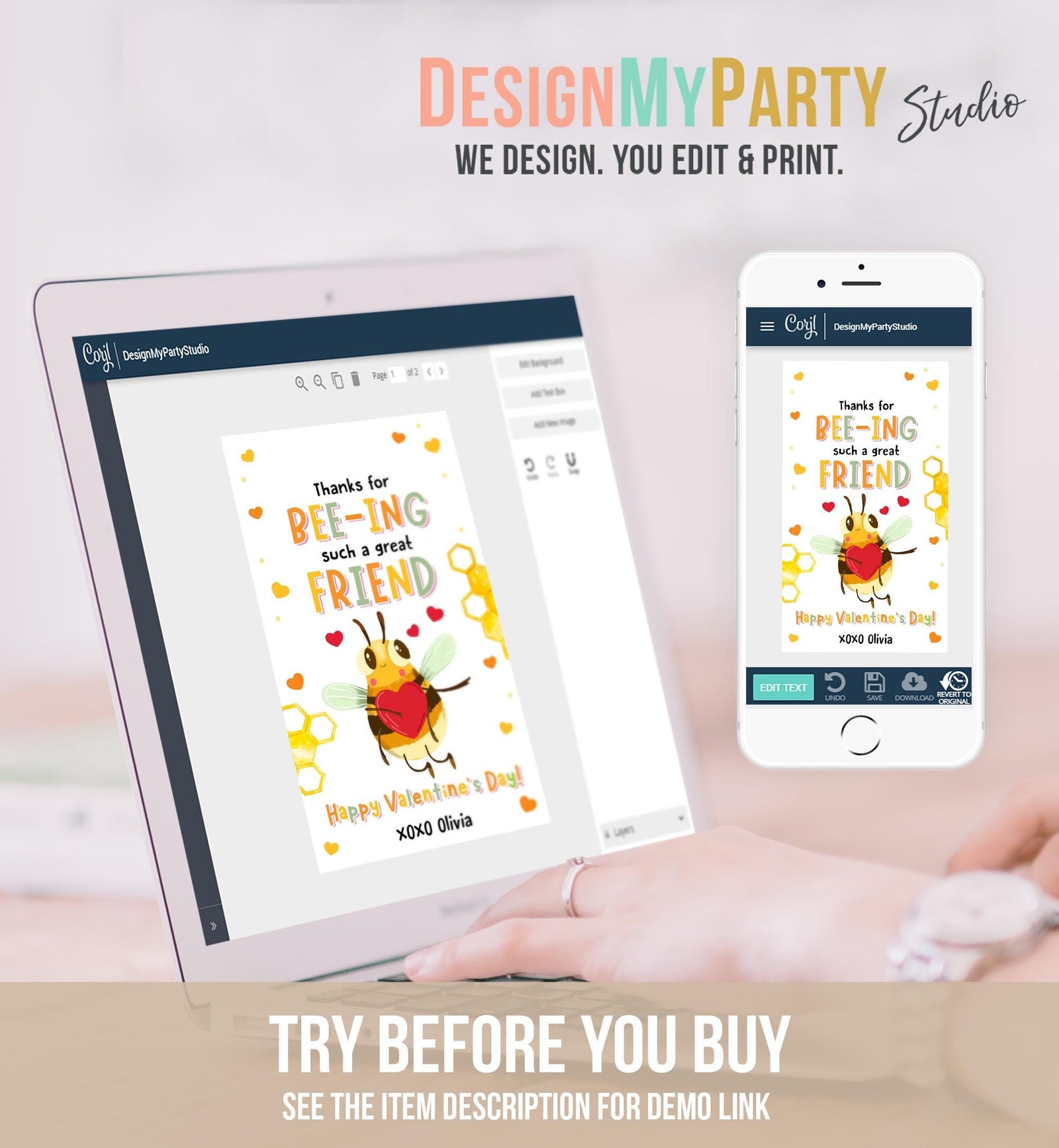 Editable Thanks for Bee-ing such a great Friend Valentines Day Gift Tag Valentine Bee Honey Kids School Classroom Template Printable 0370