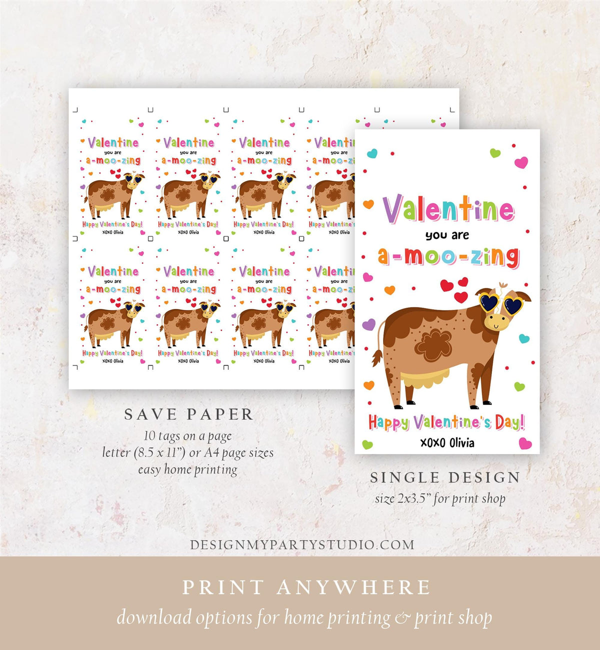 Editable Valentine You Are a-MOO-zing Valentines Day Gift Tag Valentine Cow Moo Amazing Kids School Classroom Template Printable 0370