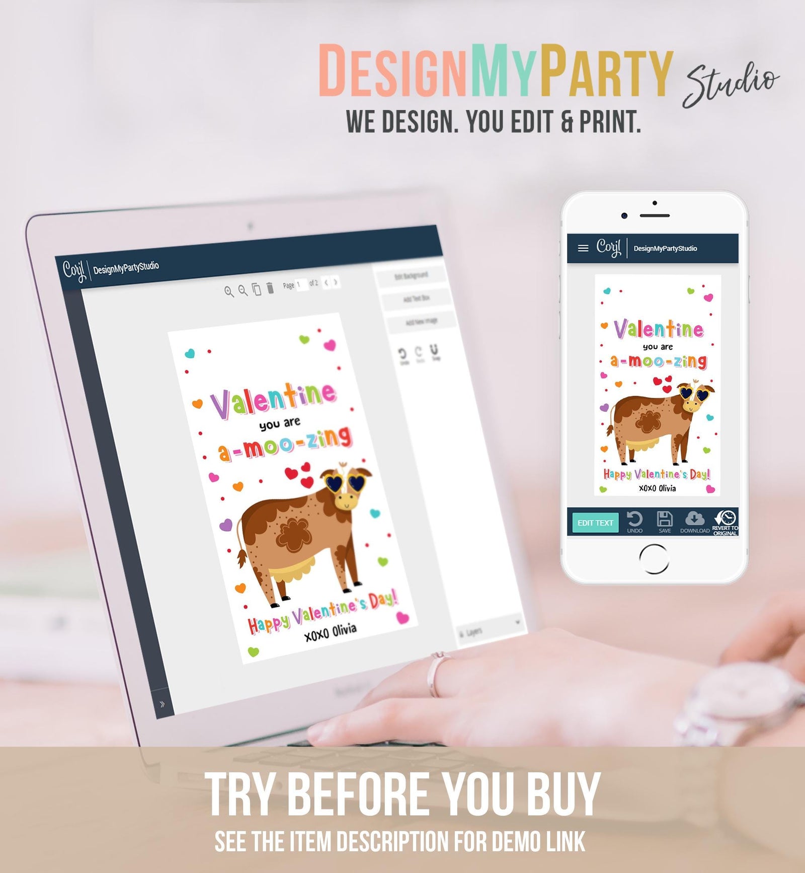 Editable Valentine You Are a-MOO-zing Valentines Day Gift Tag Valentine Cow Moo Amazing Kids School Classroom Template Printable 0370