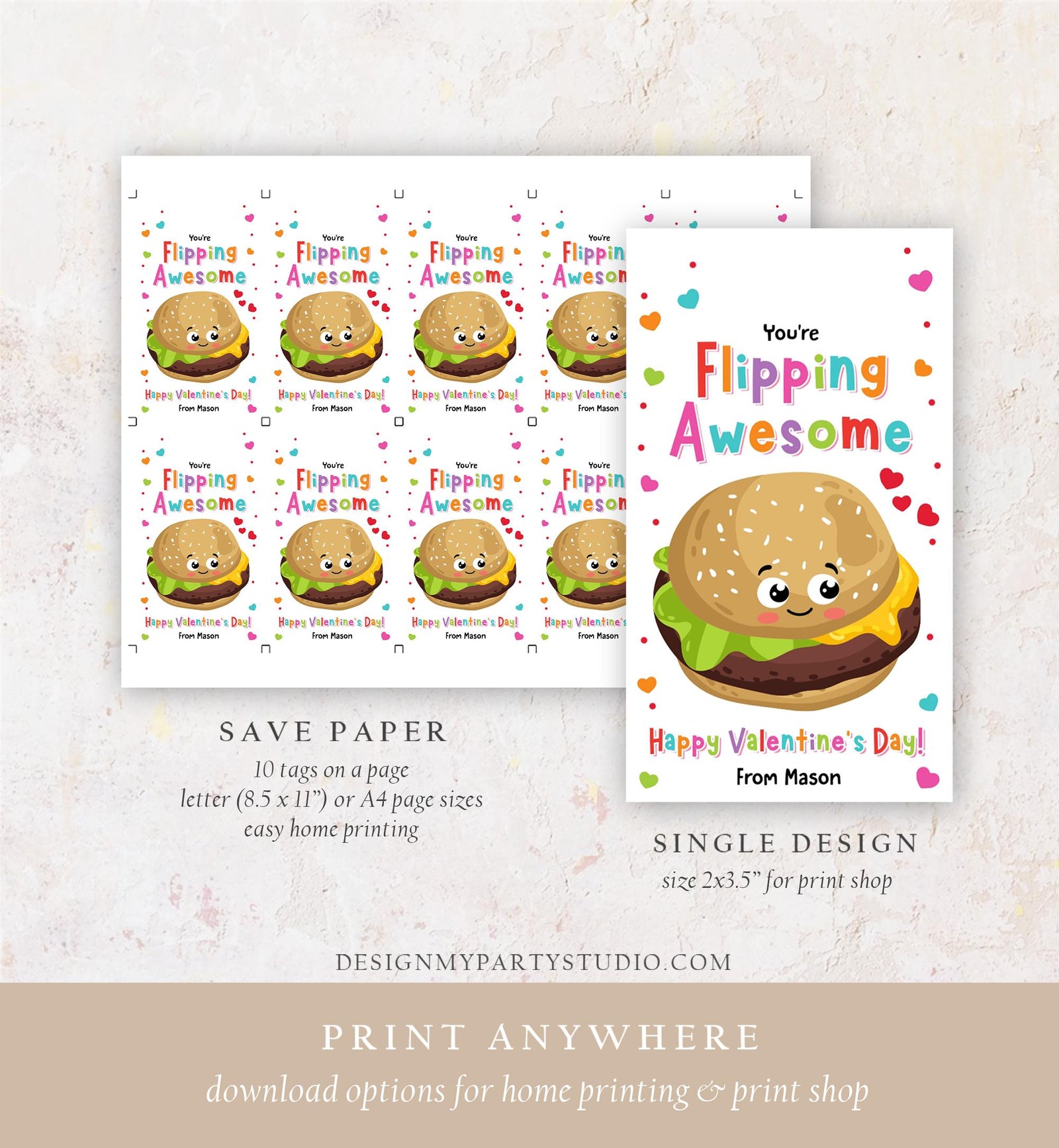 Editable You're Flipping Awesome Valentines Day Gift Tag Valentine Hamburger Fast Food Fastfood School Classroom Template Printable 0370