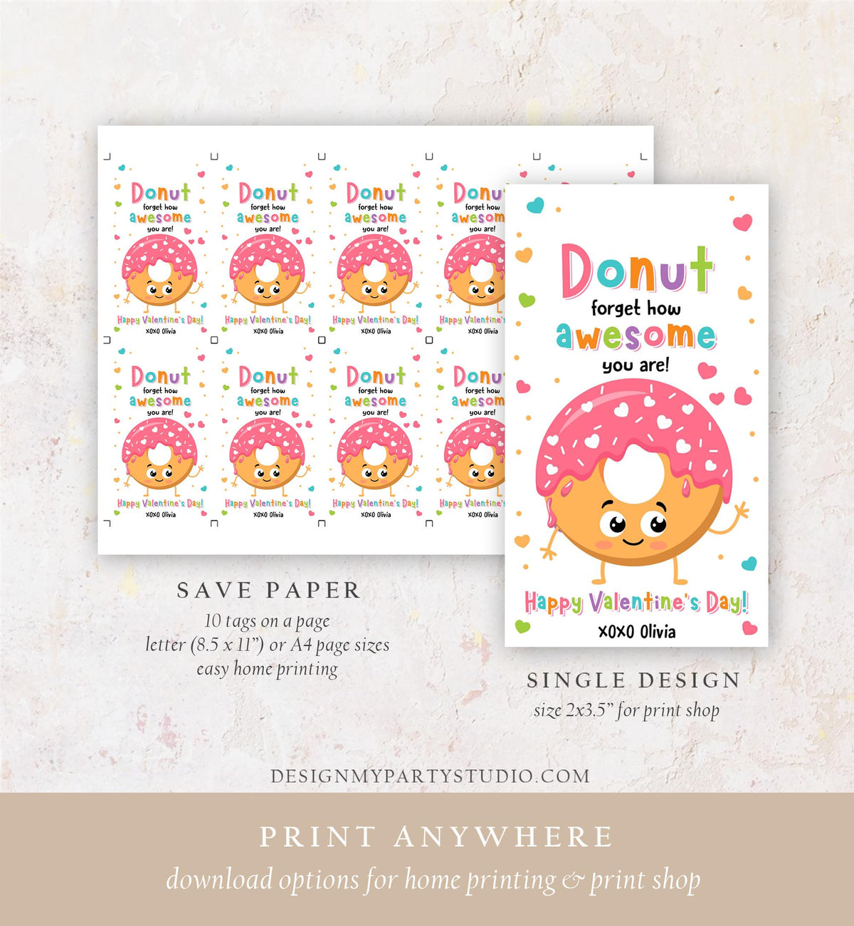 Editable Donut Forget How Awesome You Are Valentines Day Gift Tag Valentine Sweets Candy Donuts School Classroom Template Printable 0370