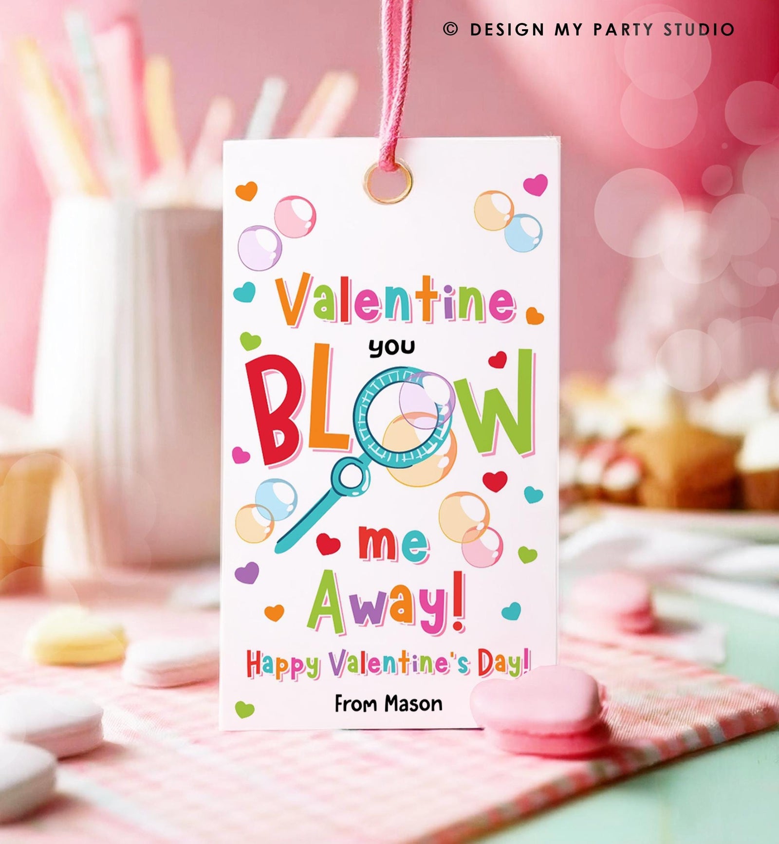 Editable Valentine You Blow Me Away Favor Tag Thank You Blowing Bubbles Soap Valentine's Day Tag School Digital Template Printable 0370