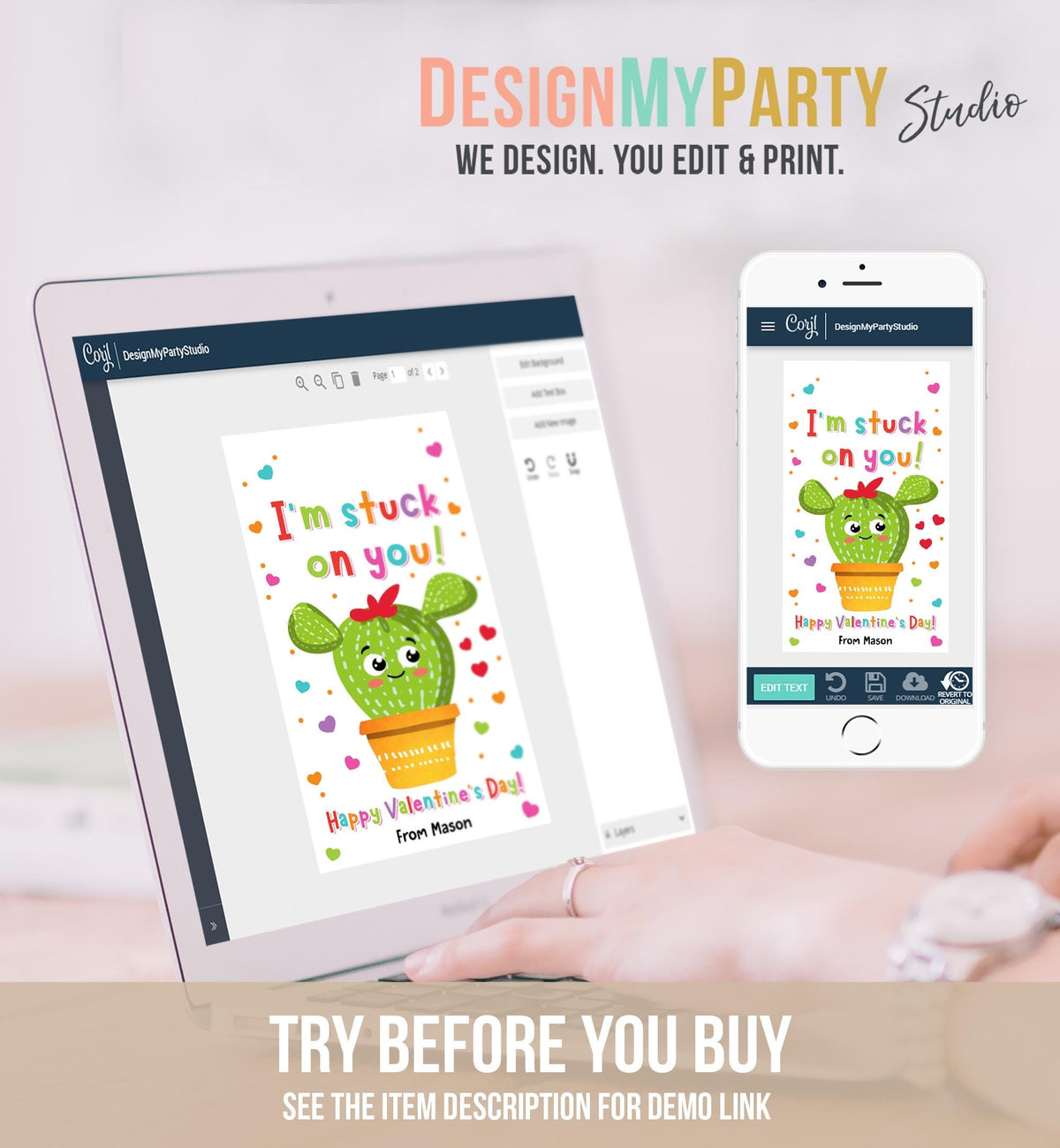 Editable I&#39;m Stuck on You Valentines Day Gift Tag Cactus Fiesta Succulent You Rock Card Favor Kids School Classroom Template Printable 0370