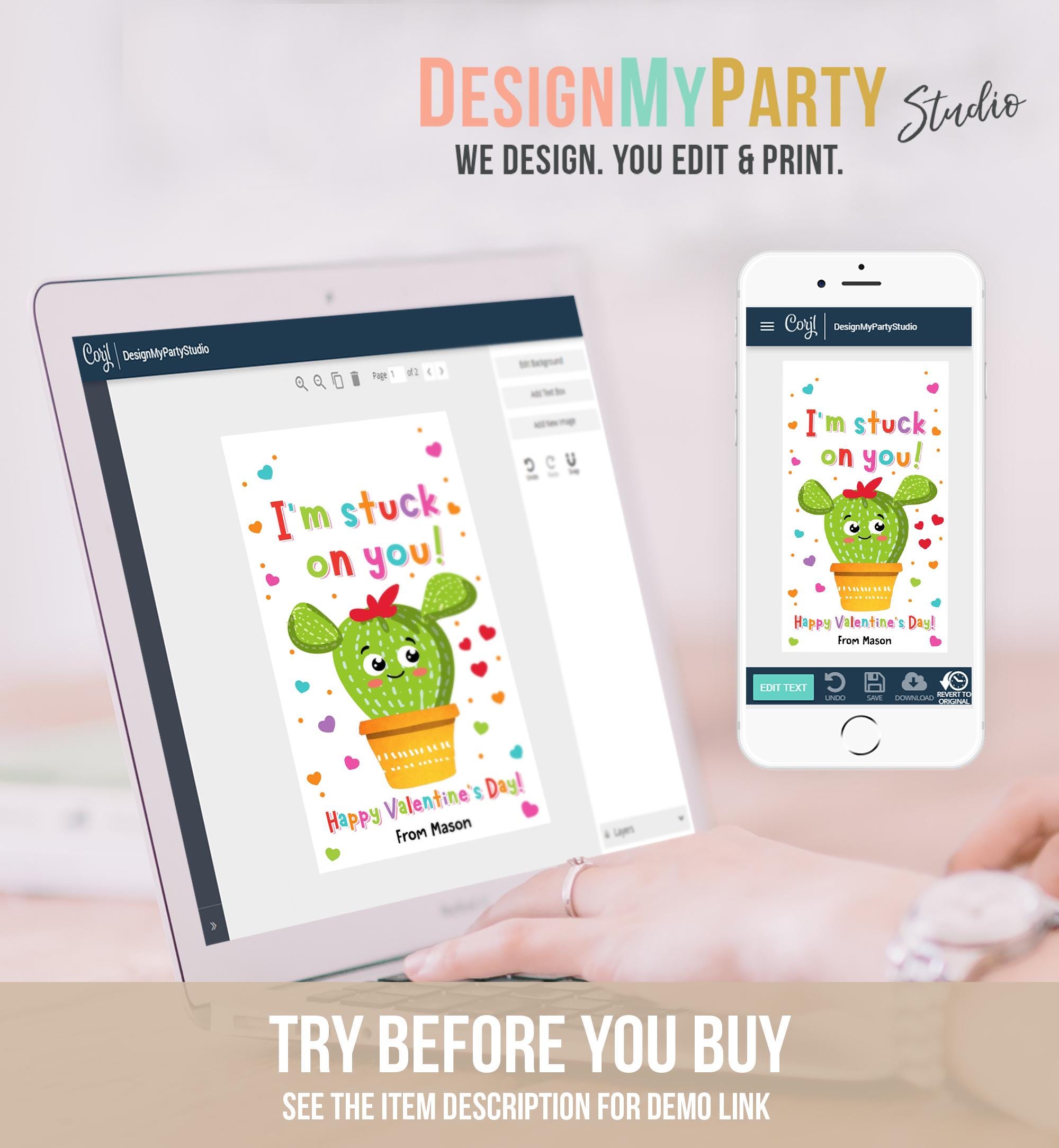 Editable I'm Stuck on You Valentines Day Gift Tag Cactus Fiesta Succulent You Rock Card Favor Kids School Classroom Template Printable 0370