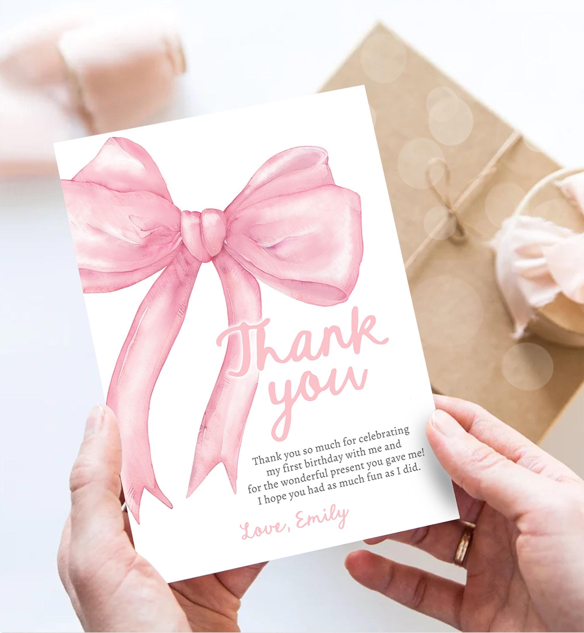 Editable Pink Bow Thank You Card Girls Just Wanna Be One Pink Coquette 1st Birthday Girl Preppy Digital Template Download Printable 0527