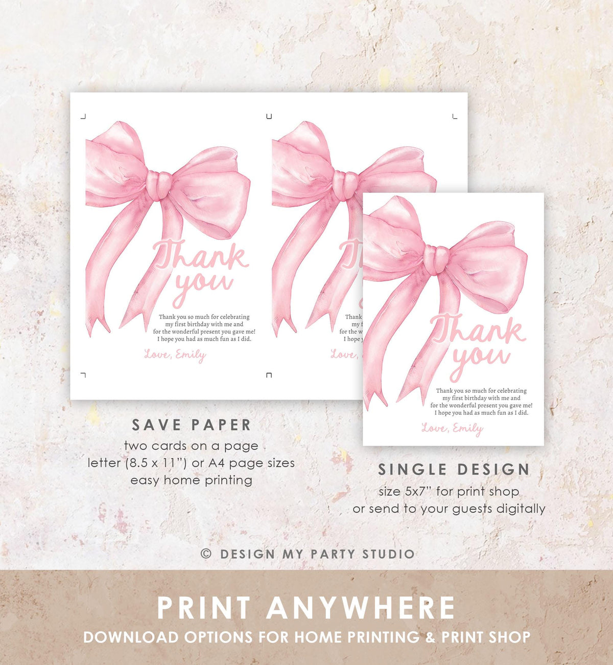 Editable Pink Bow Thank You Card Girls Just Wanna Be One Pink Coquette 1st Birthday Girl Preppy Digital Template Download Printable 0527