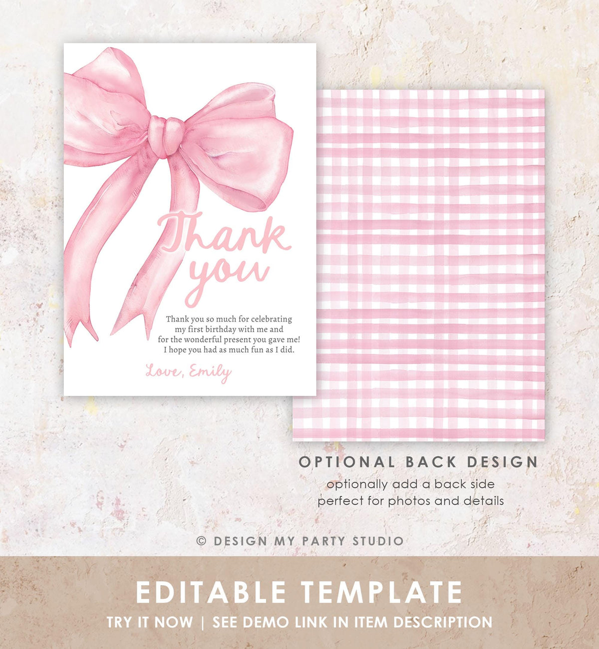 Editable Pink Bow Thank You Card Girls Just Wanna Be One Pink Coquette 1st Birthday Girl Preppy Digital Template Download Printable 0527