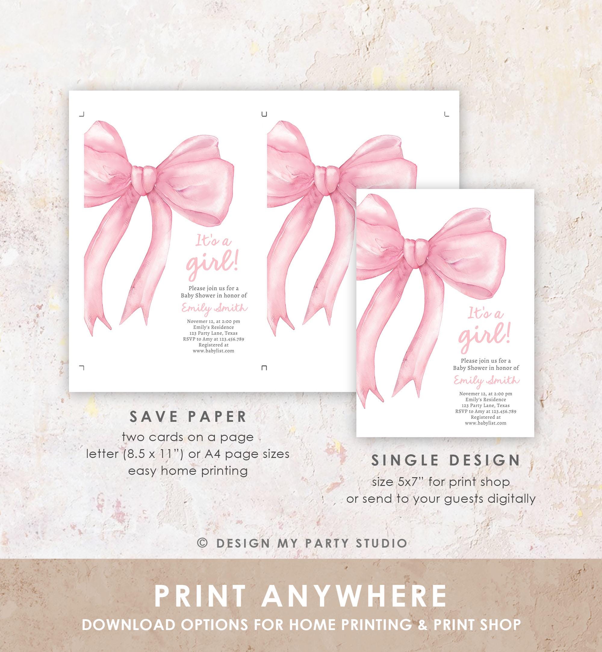 Editable Blush Pink Bow Baby Shower Invitation Girl Pink Coquette Baby Shower Invite Preppy Minimalist Template Digital Download Evite 0527