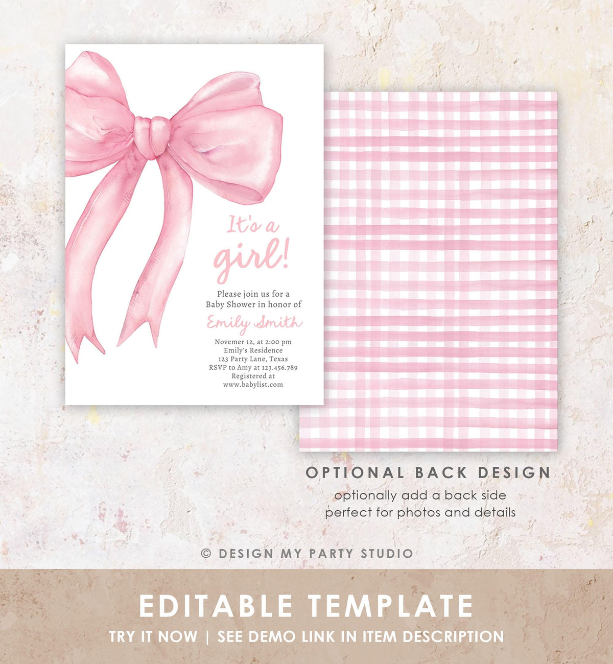 Editable Blush Pink Bow Baby Shower Invitation Girl Pink Coquette Baby Shower Invite Preppy Minimalist Template Digital Download Evite 0527