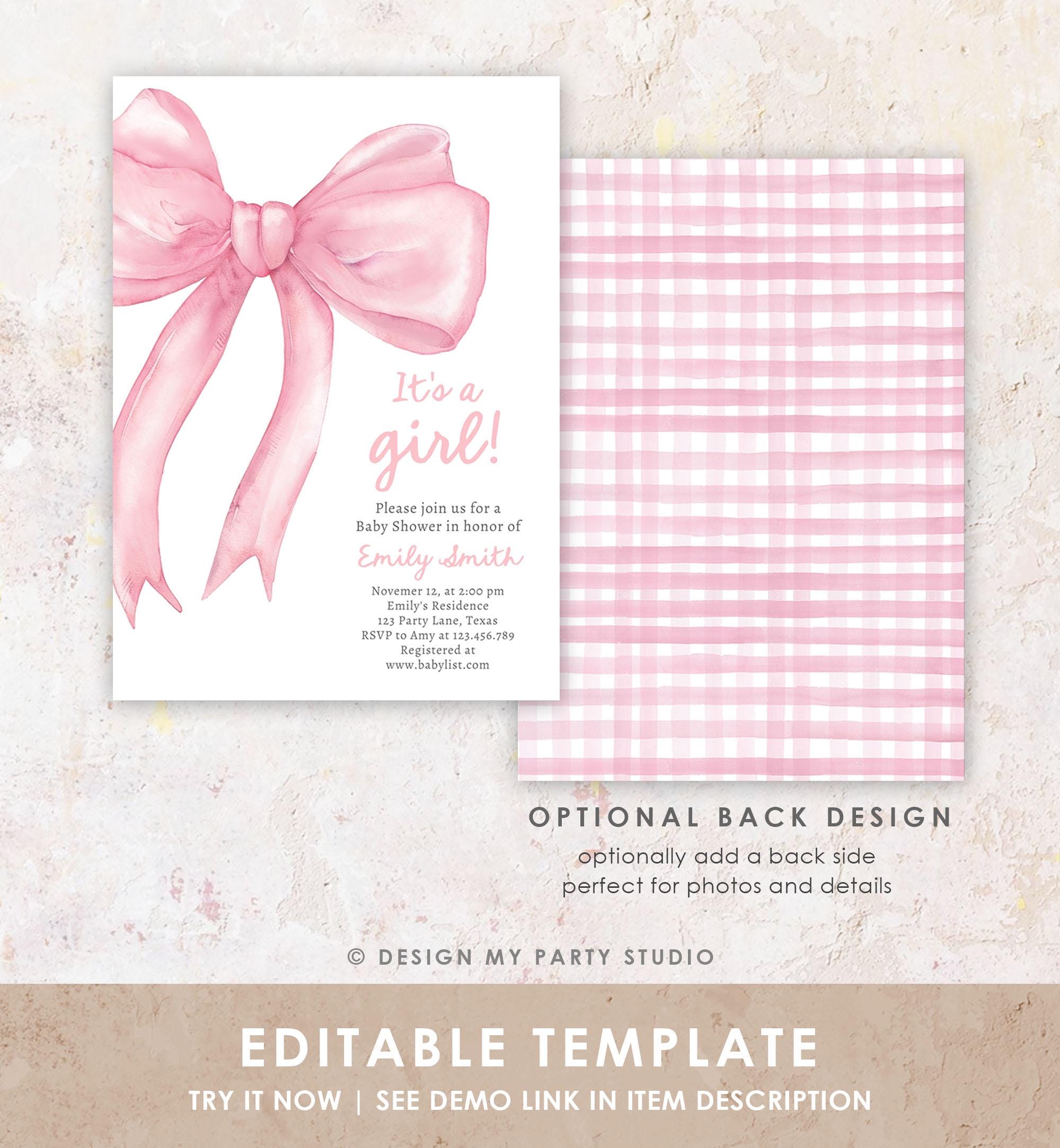 Editable Blush Pink Bow Baby Shower Invitation Girl Pink Coquette Baby Shower Invite Preppy Minimalist Template Digital Download Evite 0527