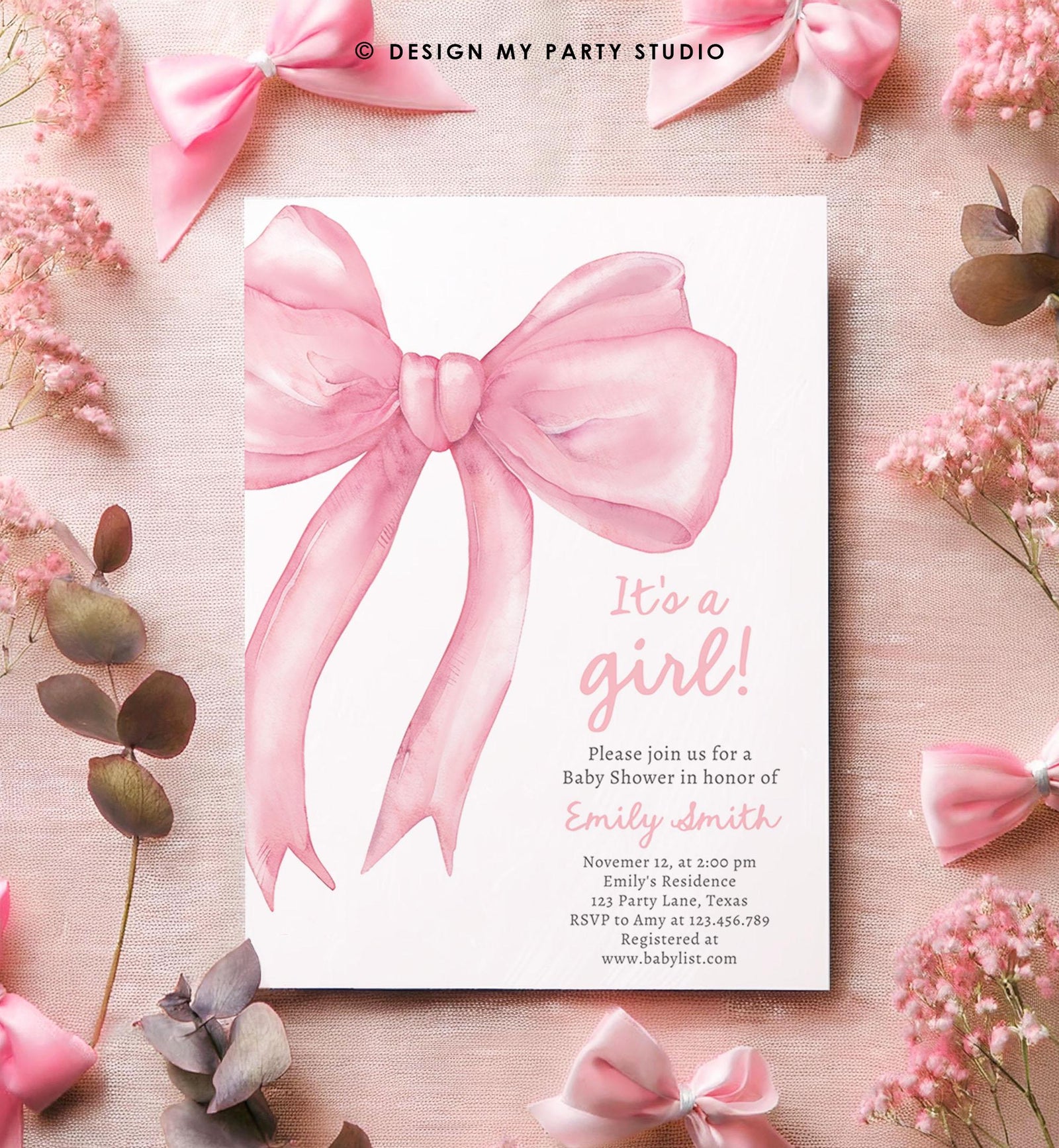 Editable Blush Pink Bow Baby Shower Invitation Girl Pink Coquette Baby Shower Invite Preppy Minimalist Template Digital Download Evite 0527