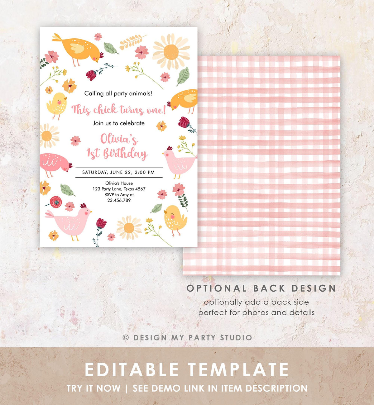 Editable Little Chick Birthday Invitation Girl Spring Birthday Party Farm Barnyard Chicken Easter Digital Download Template Printable 0446