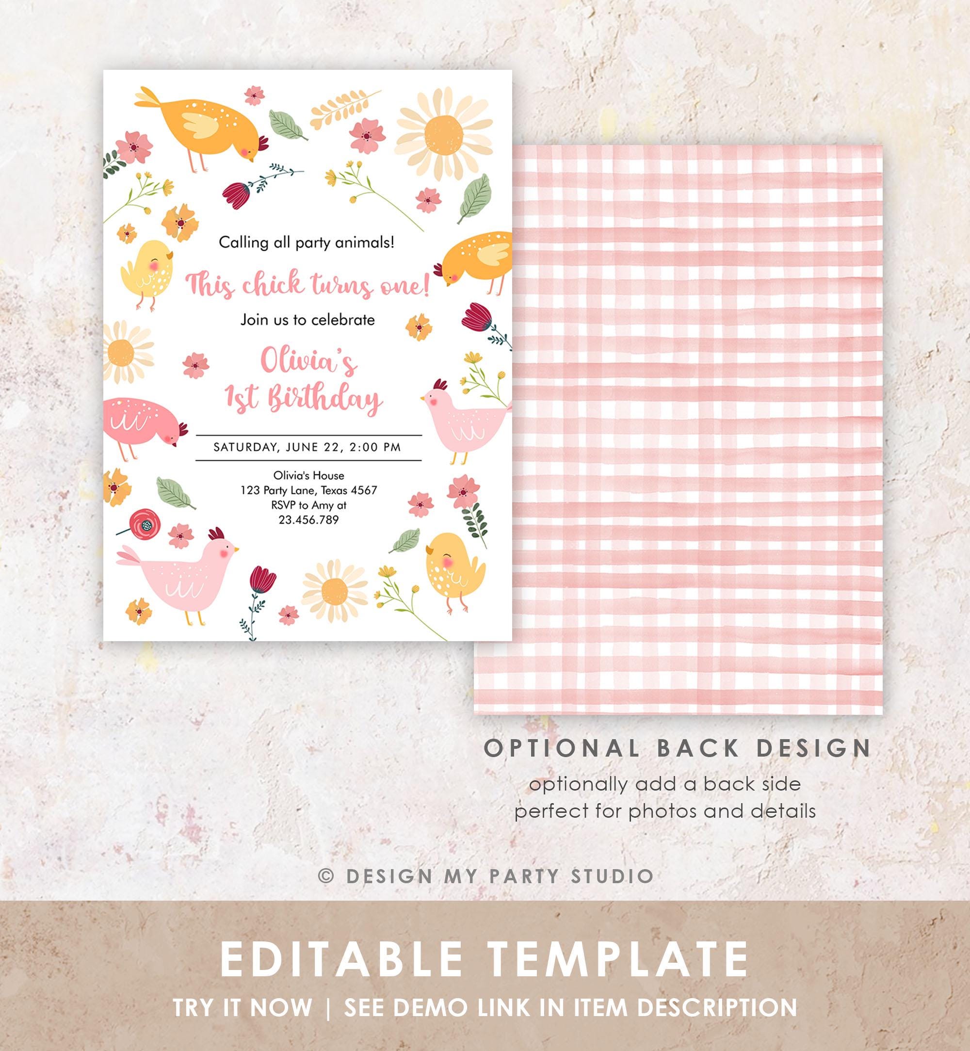 Editable Little Chick Birthday Invitation Girl Spring Birthday Party Farm Barnyard Chicken Easter Digital Download Template Printable 0446