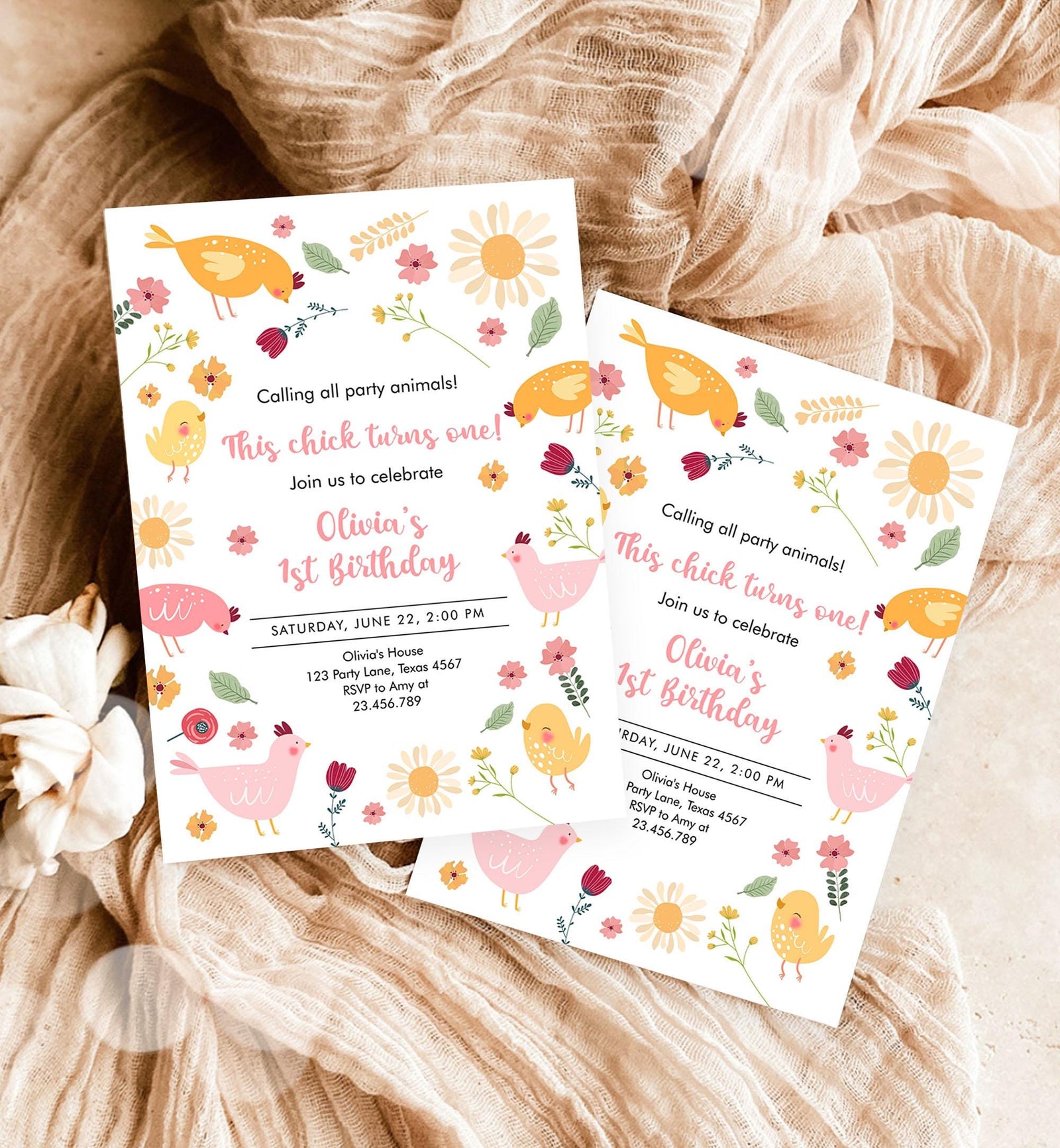 Editable Little Chick Birthday Invitation Girl Spring Birthday Party Farm Barnyard Chicken Easter Digital Download Template Printable 0446