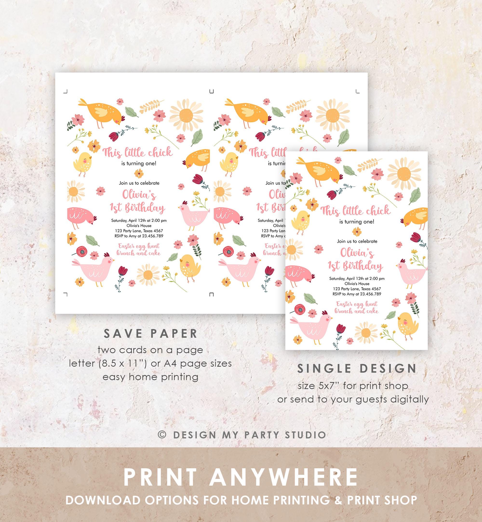 Editable Little Chick Birthday Invitation Girl Spring Birthday Party Farm Barnyard Chicken Easter Digital Download Template Printable 0446