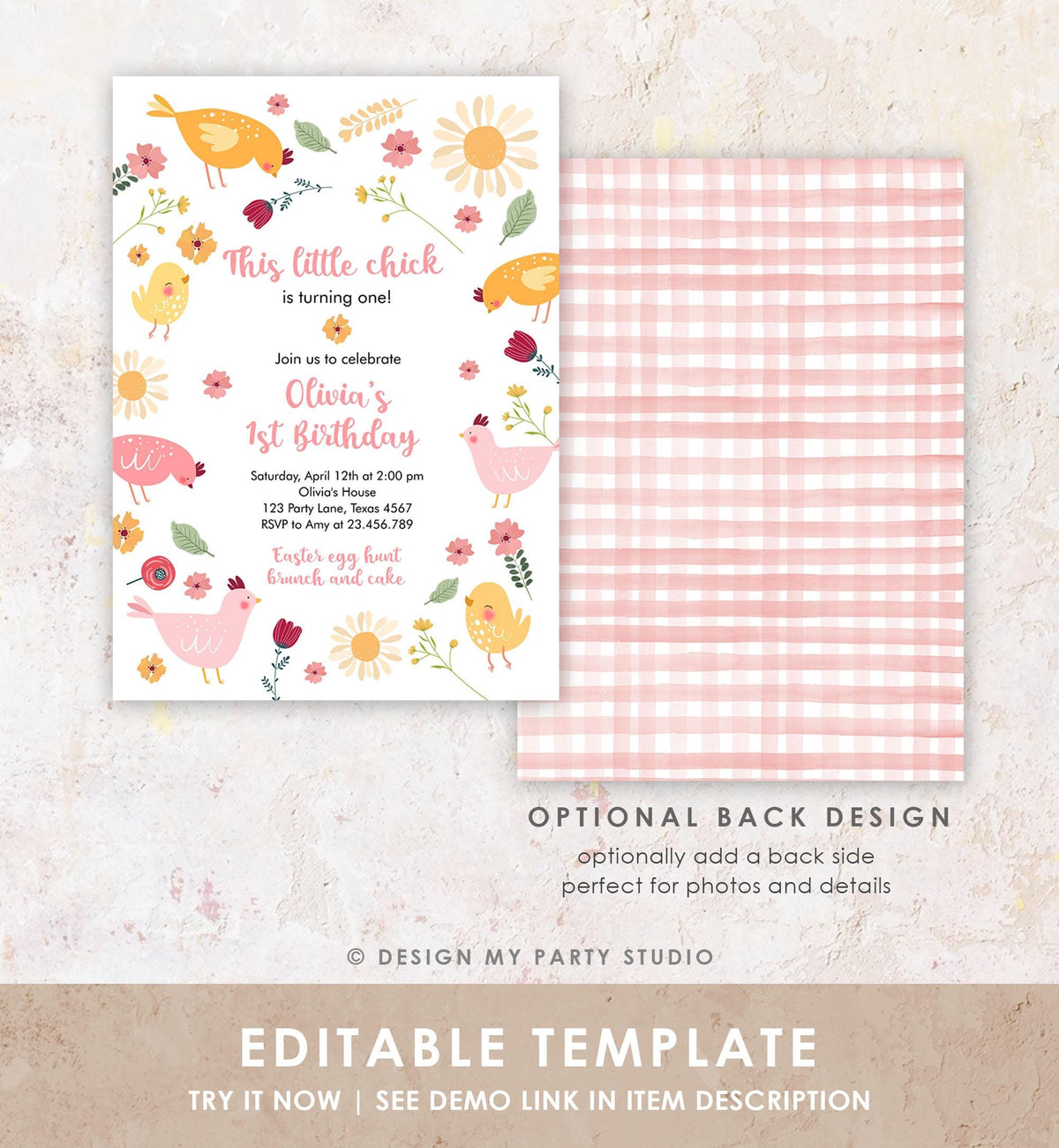 Editable Little Chick Birthday Invitation Girl Spring Birthday Party Farm Barnyard Chicken Easter Digital Download Template Printable 0446