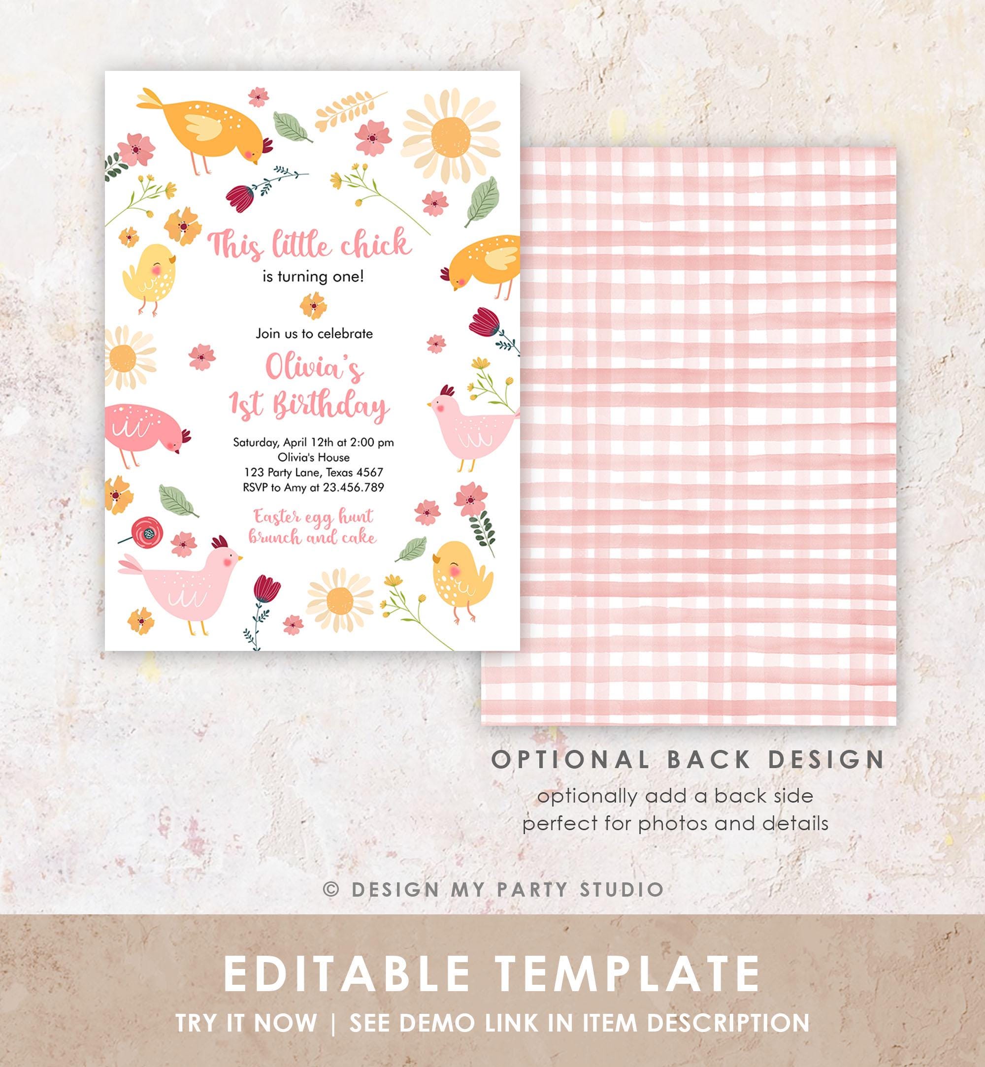 Editable Little Chick Birthday Invitation Girl Spring Birthday Party Farm Barnyard Chicken Easter Digital Download Template Printable 0446